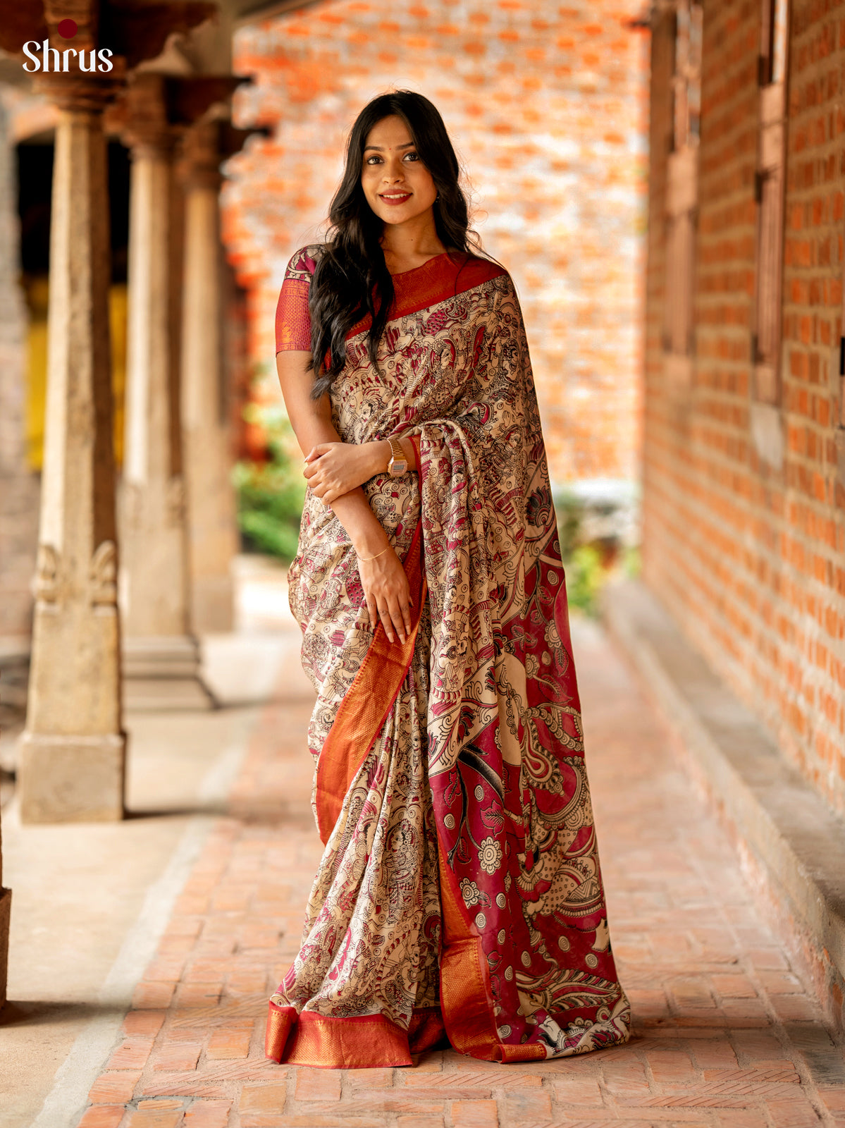 Cream with Red- chennur-kalamkari Saree - Shop on Shrus.com