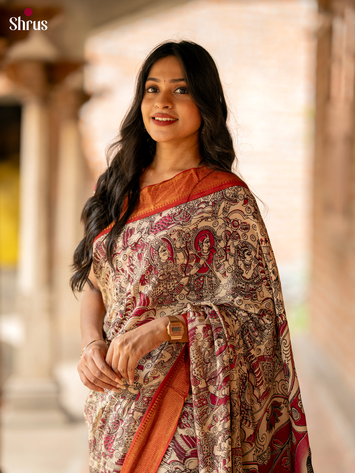 Cream with Red- chennur-kalamkari Saree - Shop on Shrus.com