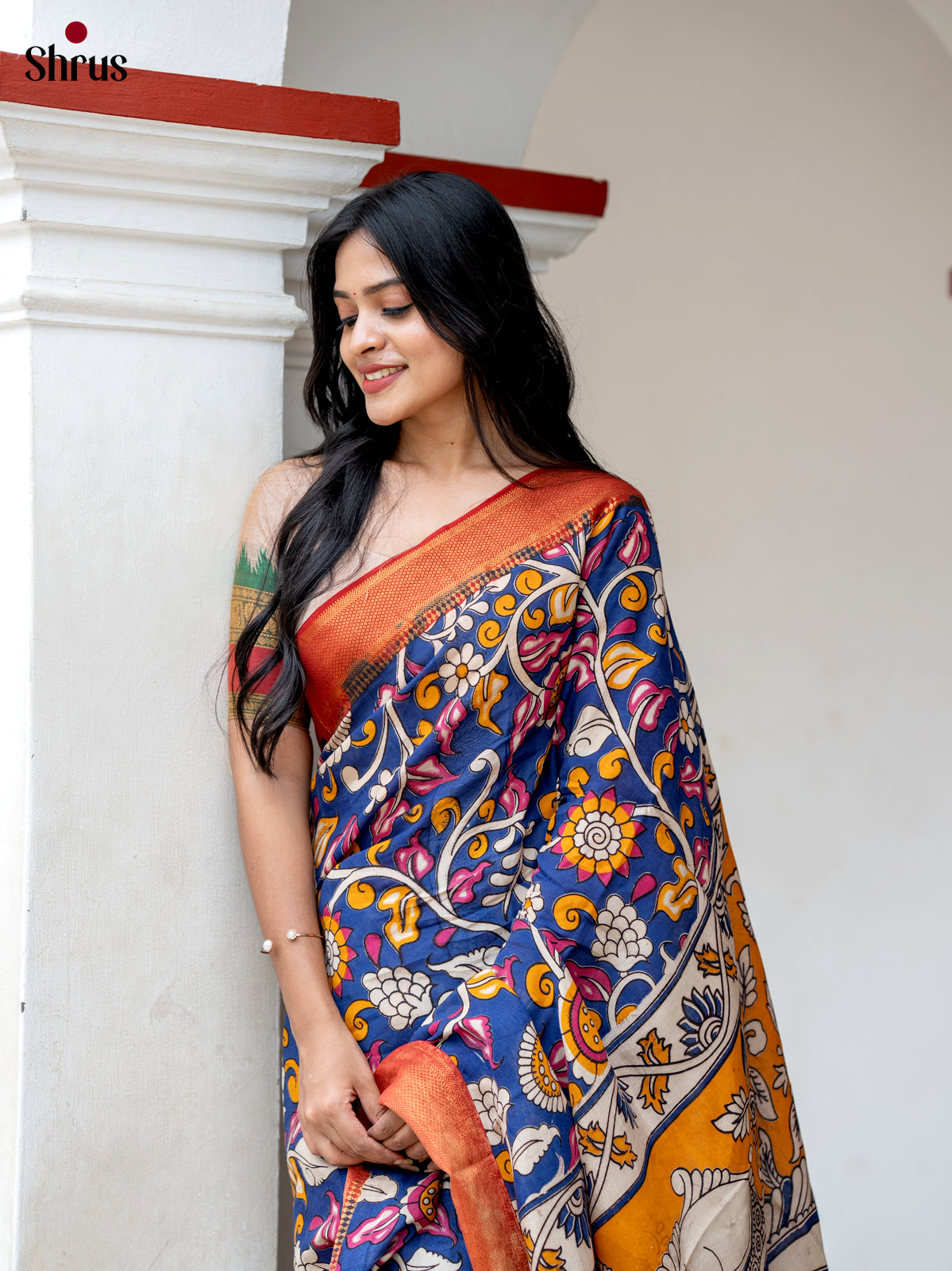 Blue with Red - chennur-kalamkari Saree - Shop on Shrus.com