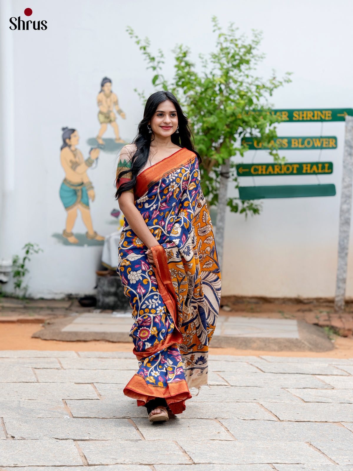 Blue with Red - chennur-kalamkari Saree - Shop on Shrus.com