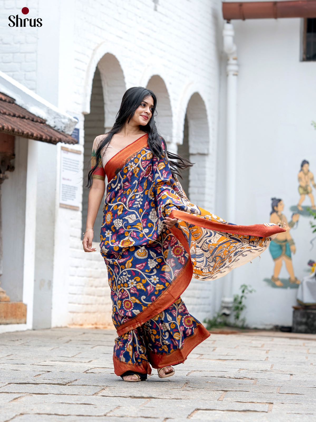 Blue with Red - chennur-kalamkari Saree - Shop on Shrus.com