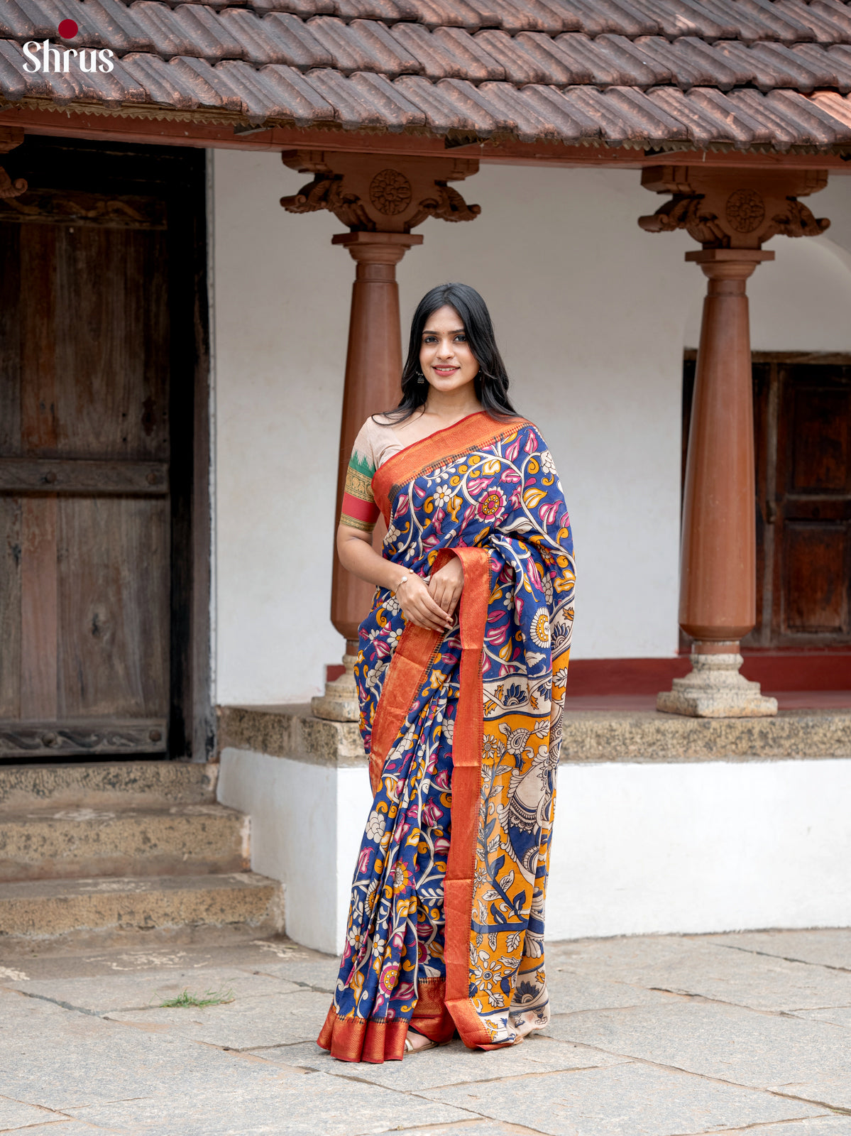 Blue with Red - chennur-kalamkari Saree - Shop on Shrus.com