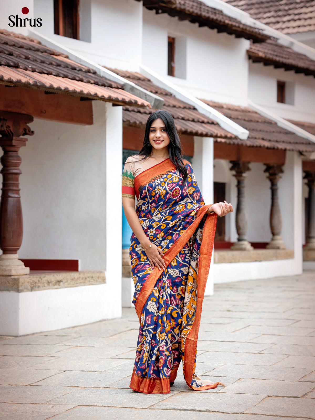 Blue with Red - chennur-kalamkari Saree - Shop on Shrus.com