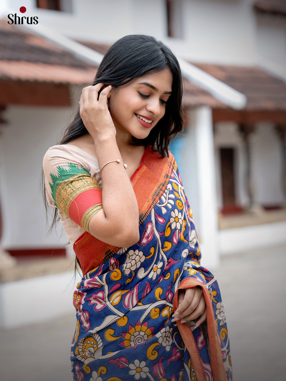 Blue with Red - chennur-kalamkari Saree - Shop on Shrus.com