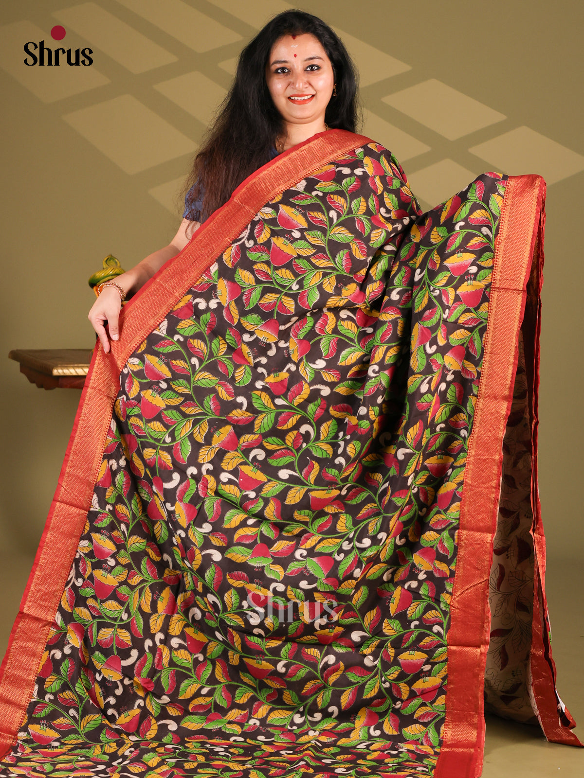 Black & Red- chennur-kalamkari Saree - Shop on Shrus.com