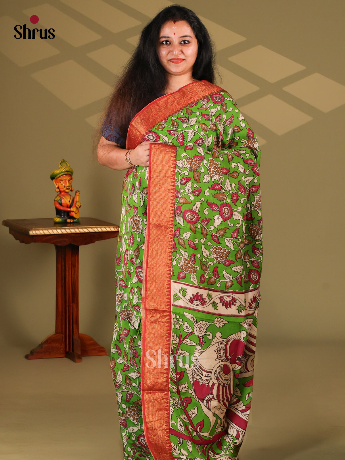 Green & Red - chennur-kalamkari Saree - Shop on Shrus.com