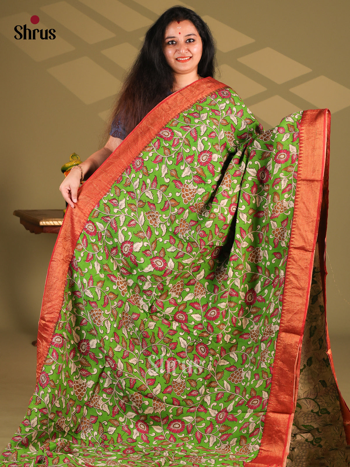 Green & Red - chennur-kalamkari Saree - Shop on Shrus.com
