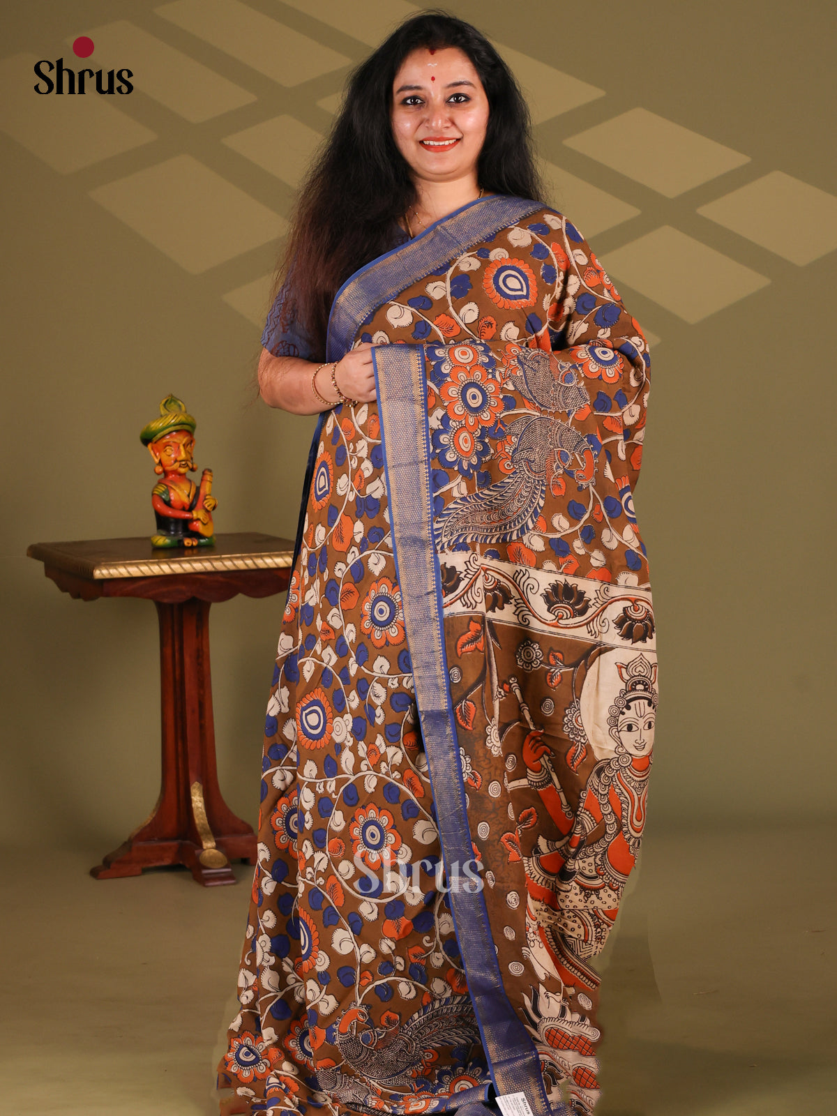 Brown & Blue- chennur-kalamkari Saree - Shop on Shrus.com