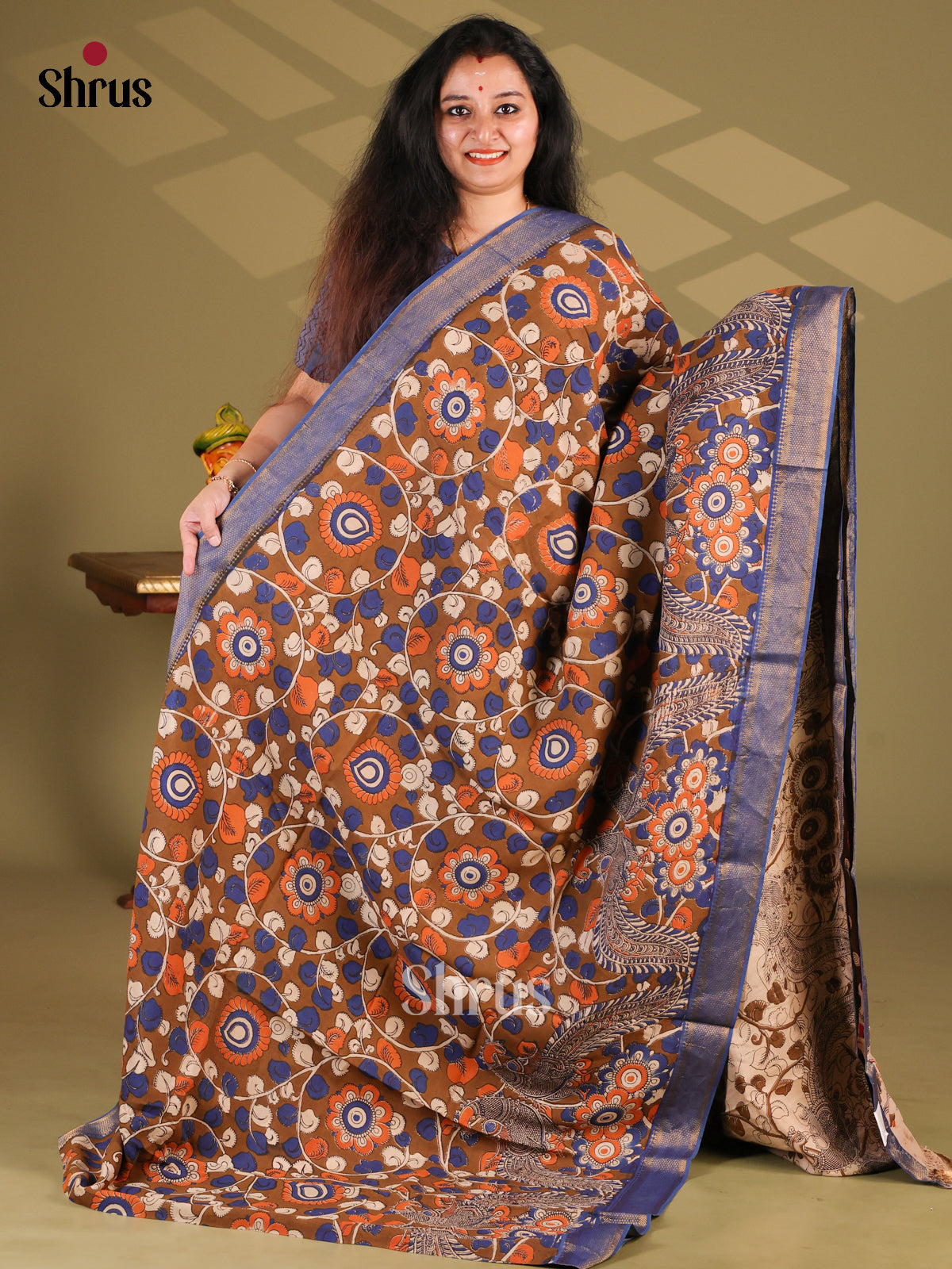 Brown & Blue- chennur-kalamkari Saree - Shop on Shrus.com