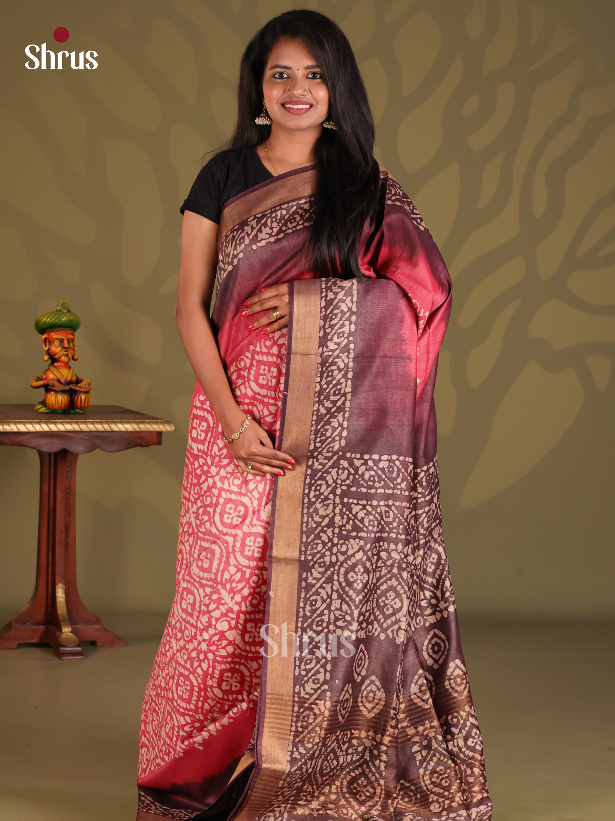 Pink & Brown- Bhatik Saree - Shop on Shrus.com