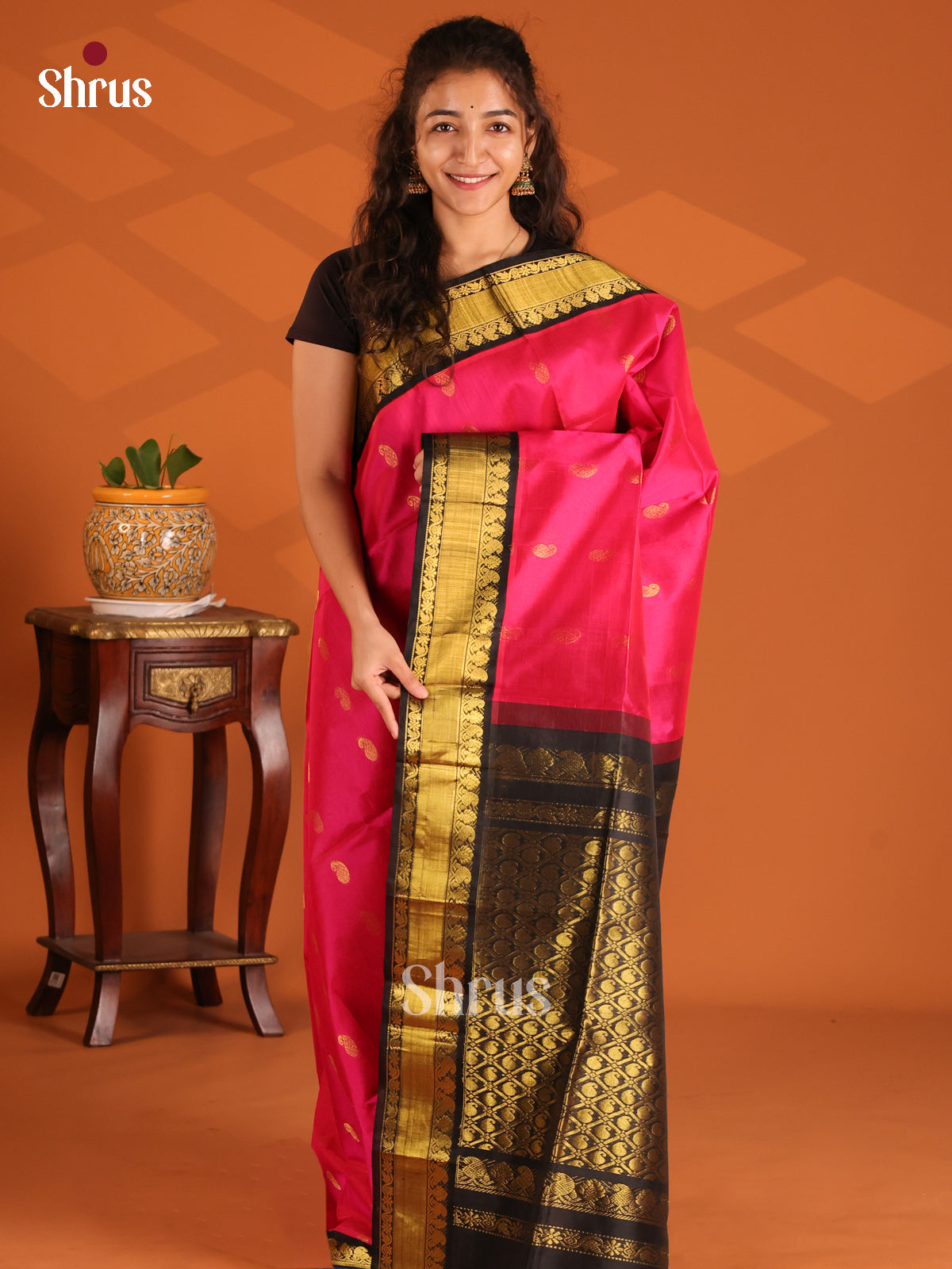 Vibrant Hot Pink & Black Silk Cotton Saree With Zari Woven Buttas