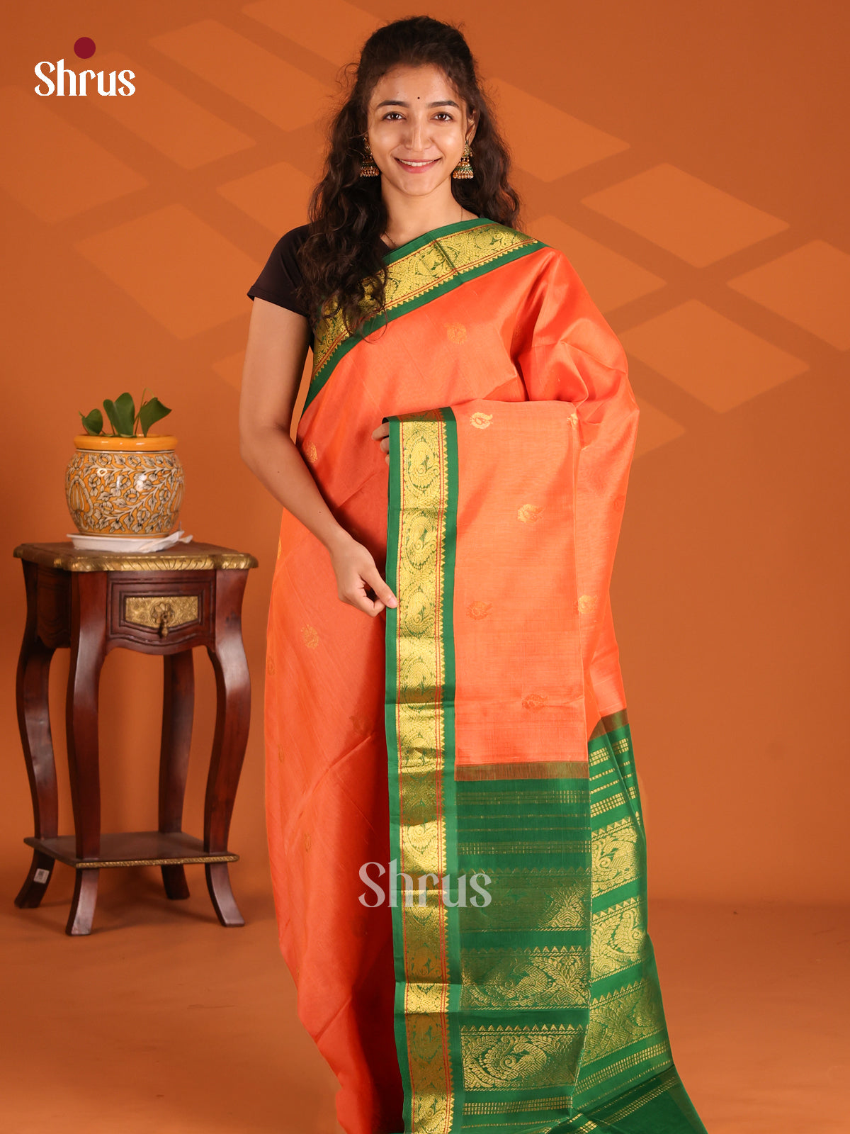 Vibrant Coral & Green Silk Cotton Saree With Zari Woven Peacock Buttas