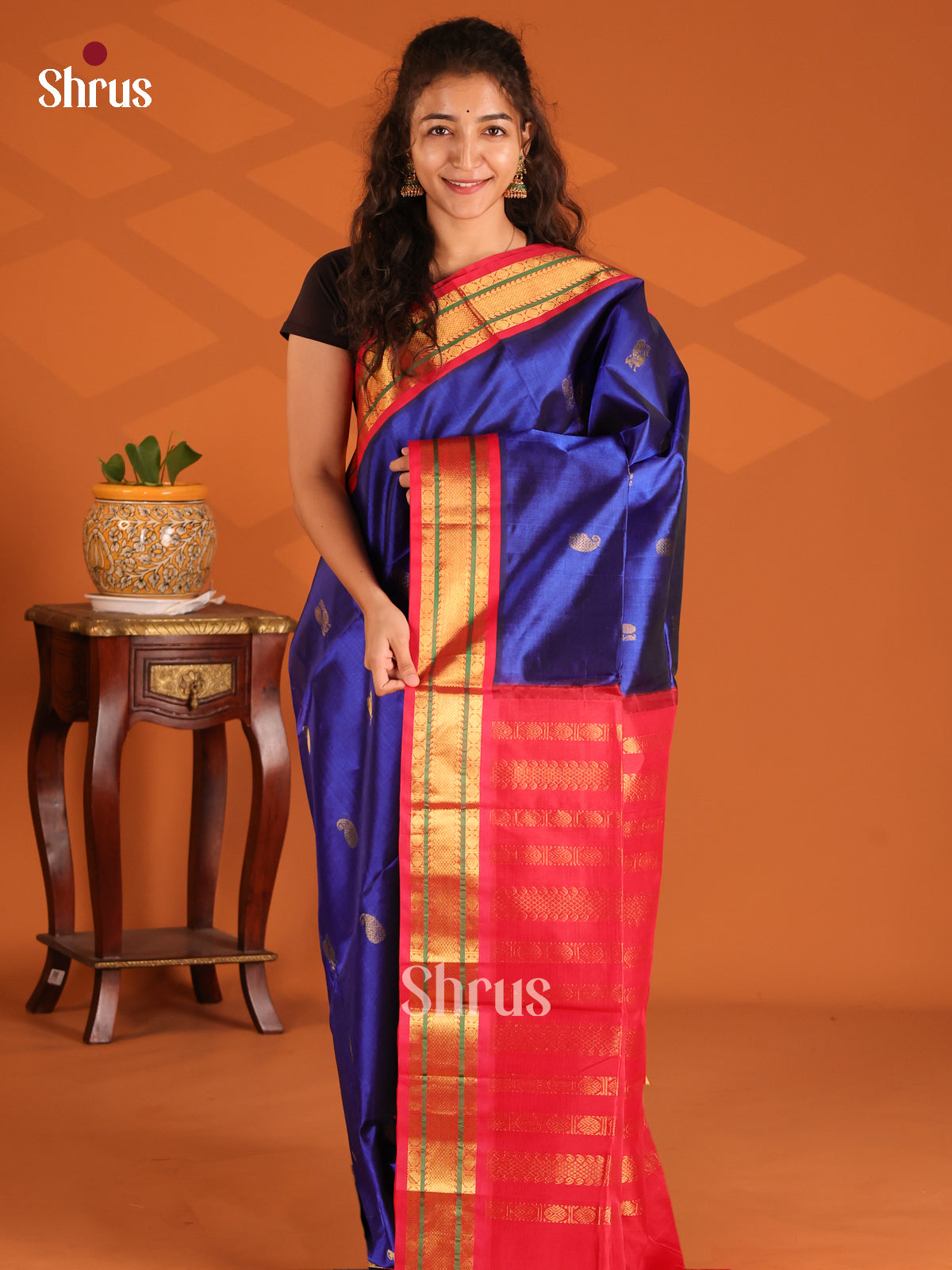 Vibrant Royal Blue & Red Silk Cotton Saree With Maanga Buttas & Rich Zari Border - Shop on Shrus.com