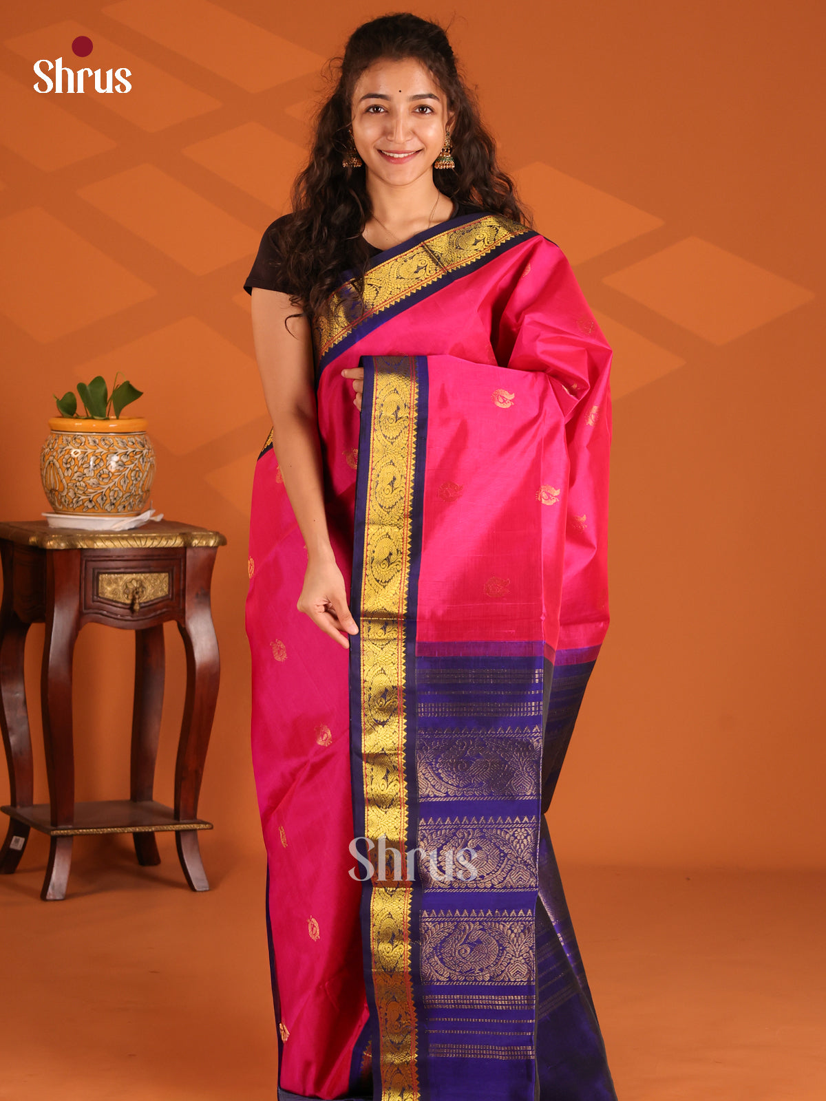 Stunning Pink Silk Cotton Saree with gold buttas & Contrast Blue Zari brocade pallu