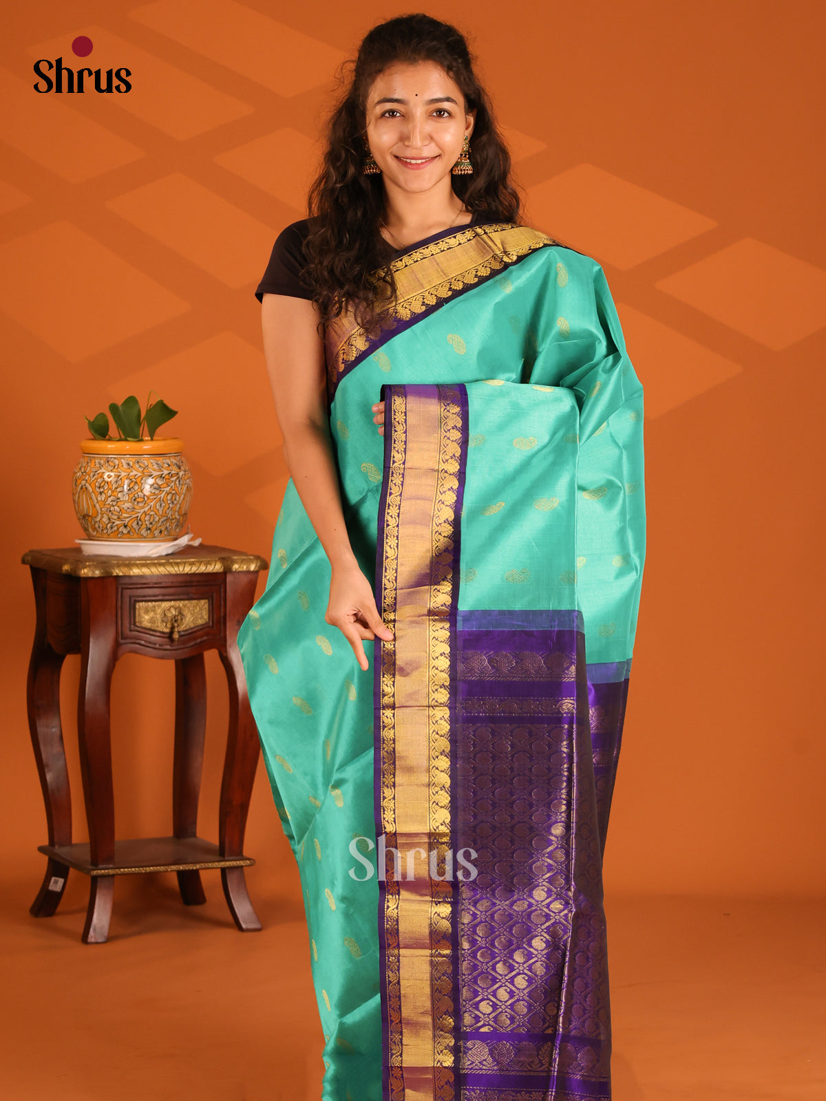 Timeless Turquoise & Purple Silk Cotton Saree With Maanga Buttas & Zari Border - Shop on Shrus.com