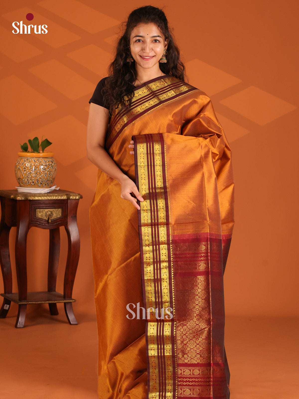 Bright Dark Mustard Silk Cotton Saree with zari check & Maroon brocade pallu - Shop on Shrus.com