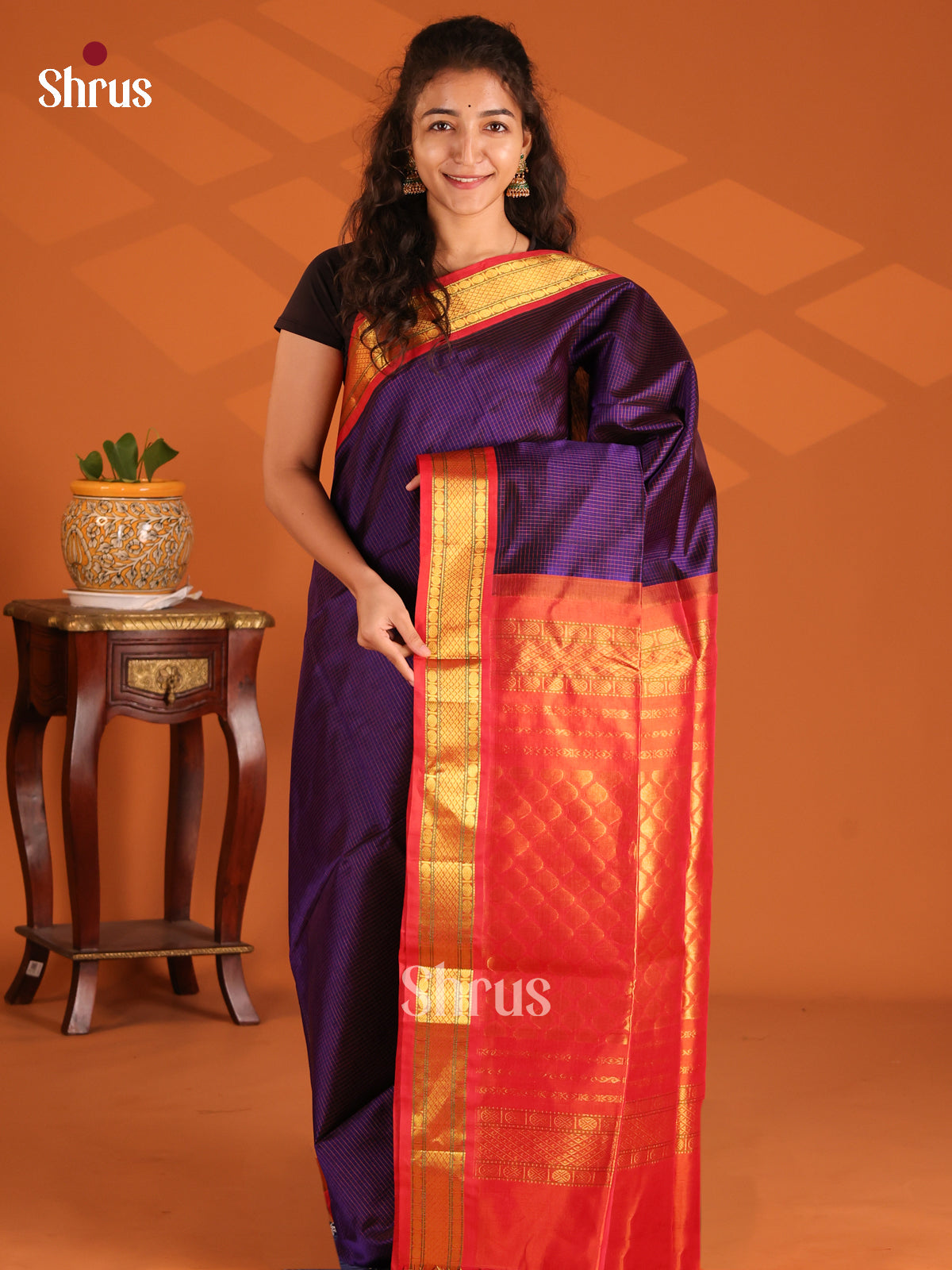 Chic Violet & Red Silk Cotton Saree with intricate checks, Contrast Border & Zari Pallu - Shop on Shrus.com