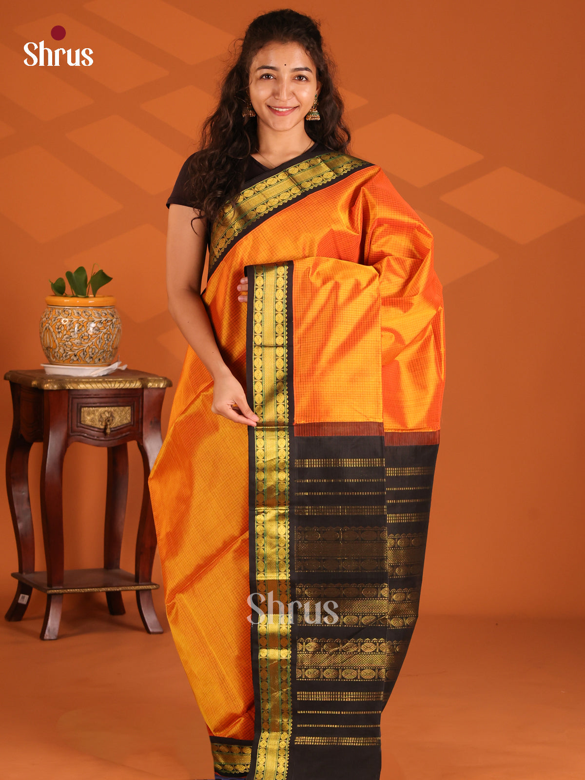 Lustrous Mambala Yellow Silk Cotton Saree with checks & black zari border - Shop on Shrus.com