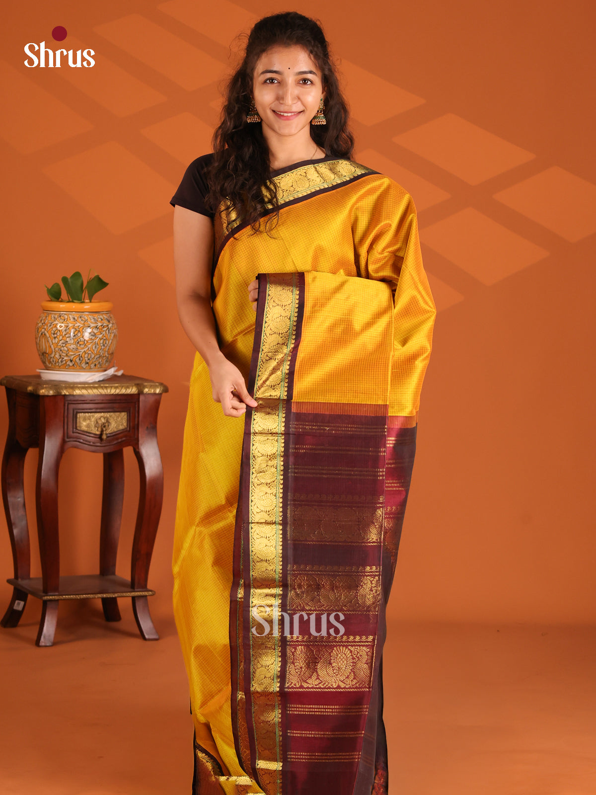 Gorgeous Mustard Silk Cotton Saree with zari checks , contrast Brown Brocade pallu - Shop on Shrus.com