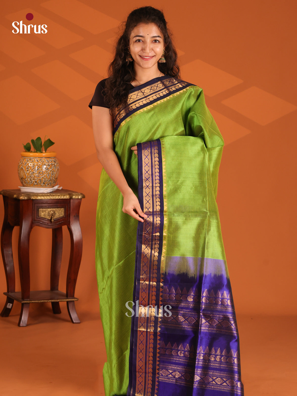Exquisite Parrot Green & Violet Silk Cotton Saree With Subtle Checks & Zari Border - Shop on Shrus.com