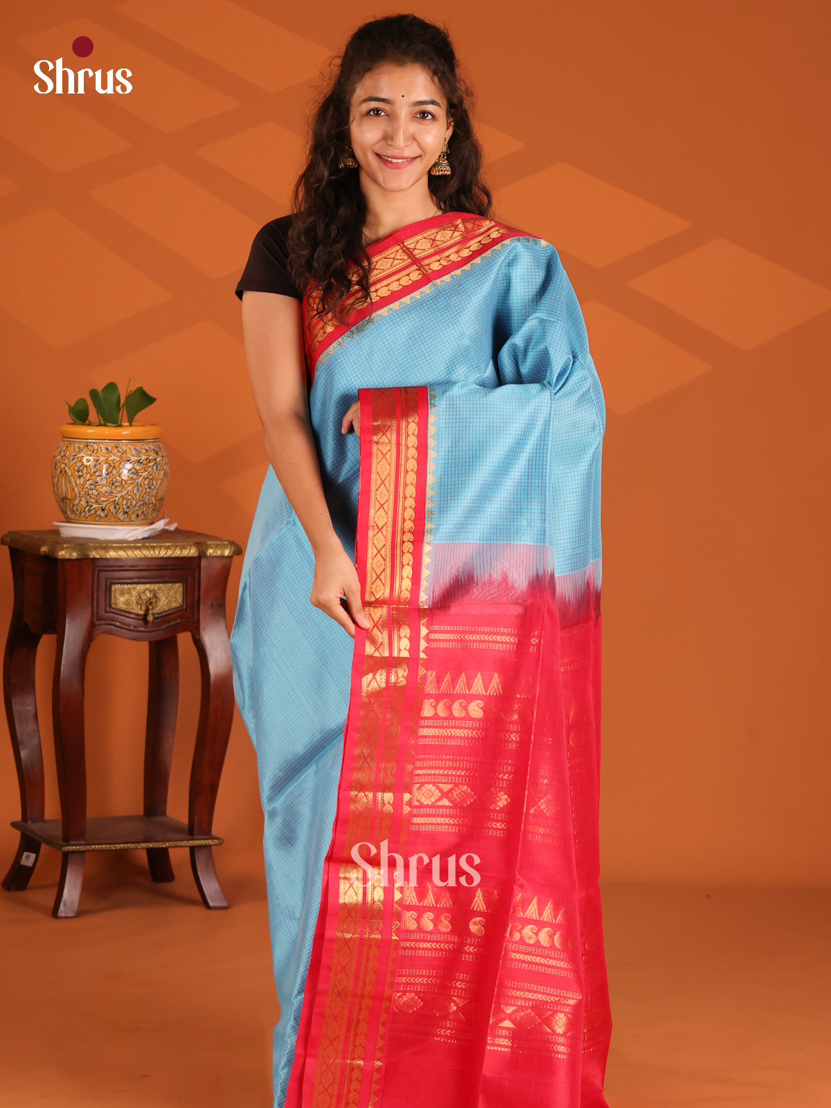 Charming Blue Silk Cotton Saree with Red Zari Border & Rich Brocade Pallu