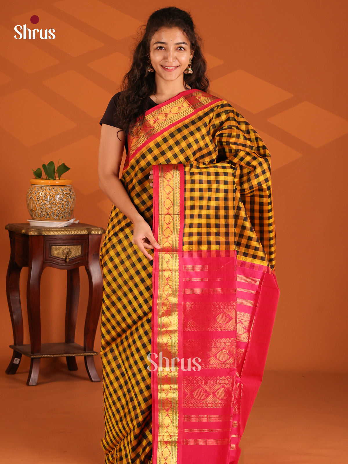 Chic Mustard & Black Silk Cotton Saree with checks & Red zari manga butta Border