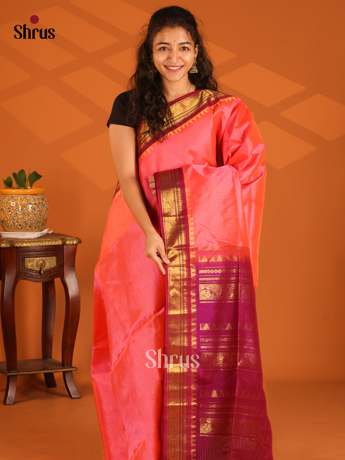Enchanting Orangish Pink Silk Cotton Saree with Zari Checks & Purple Brocade Pallu - Shop on Shrus.com