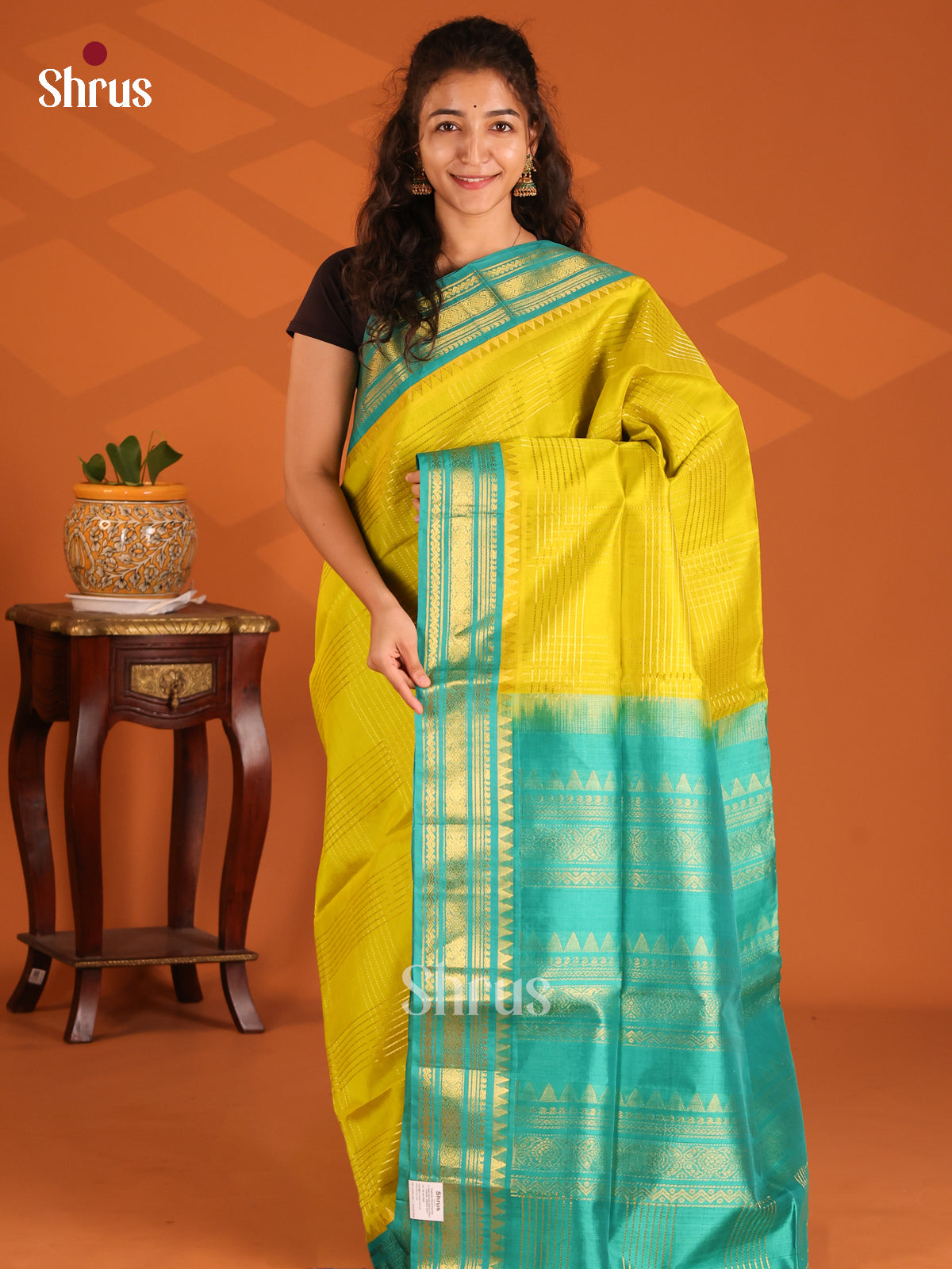 Luminous Yellow Silk Cotton Saree with Gold Checks and Striking Green Zari Border - Shop on Shrus.com