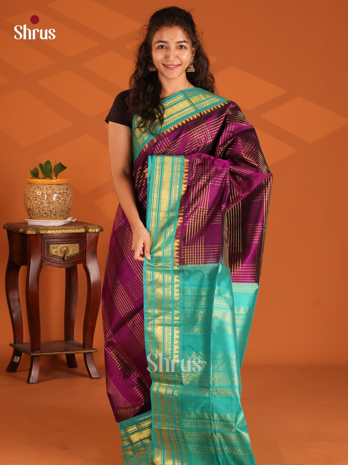 Beautiful Purple Silk Cotton Saree with Gold Zari Checks with Teal Green accent - Shop on Shrus.com