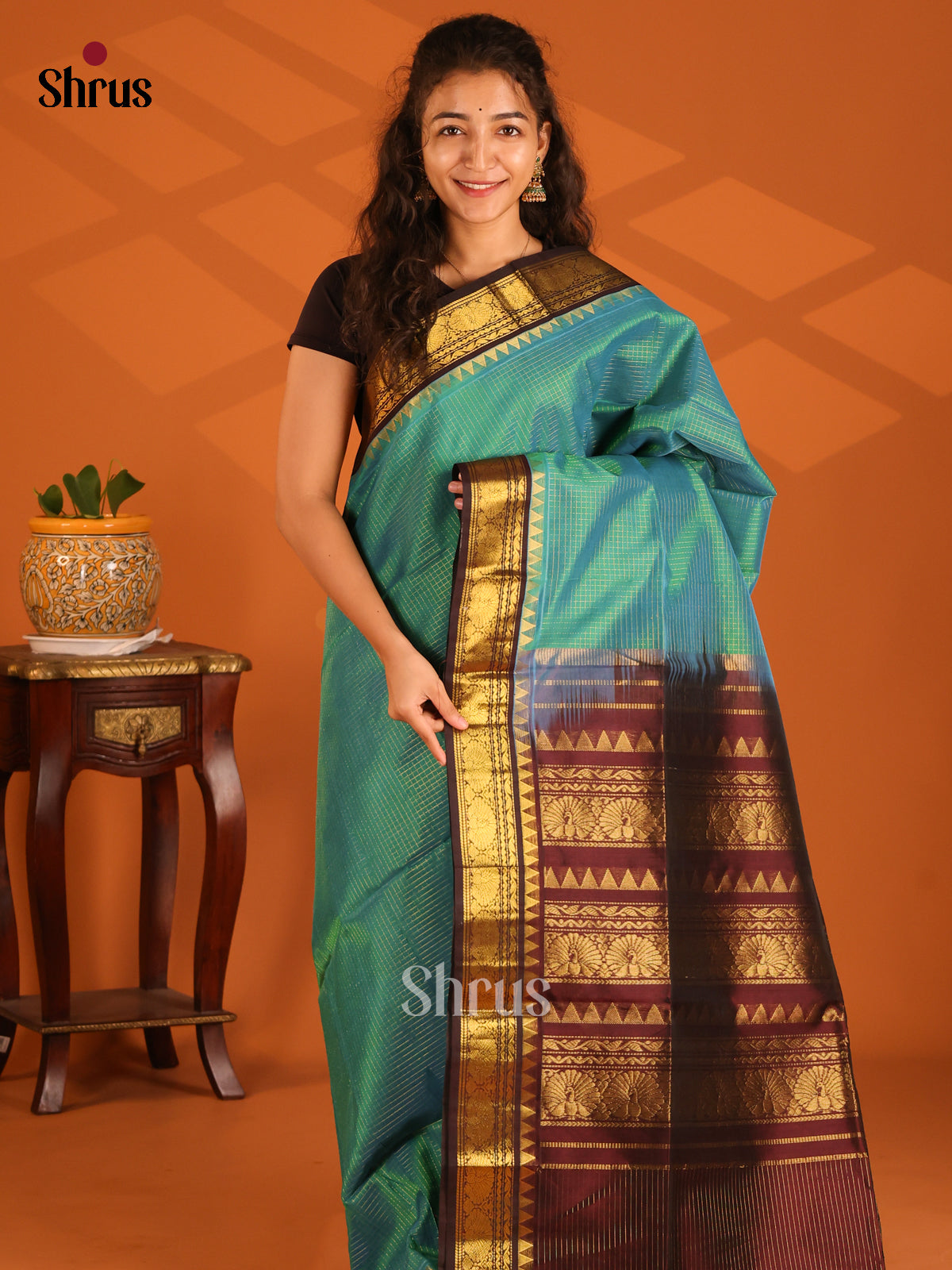 Teal Blue Silk Cotton Saree with Maroon Zari Border & Peacock Motifs in Pallu - Shop on Shrus.com