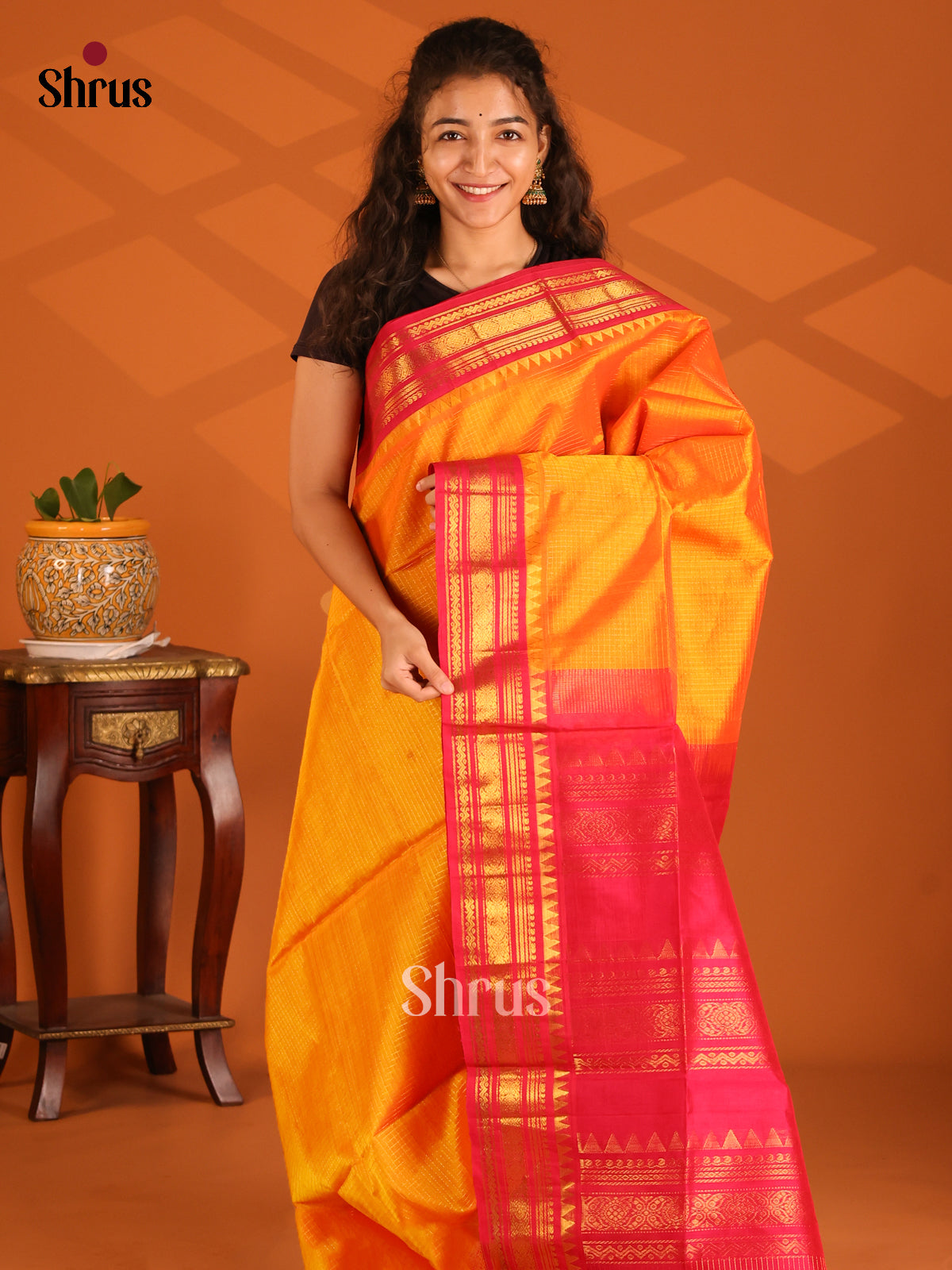 Glorious Mambala Yellow Silk Cotton Saree with Zari Checks & Contrast Red Border - Shop on Shrus.com