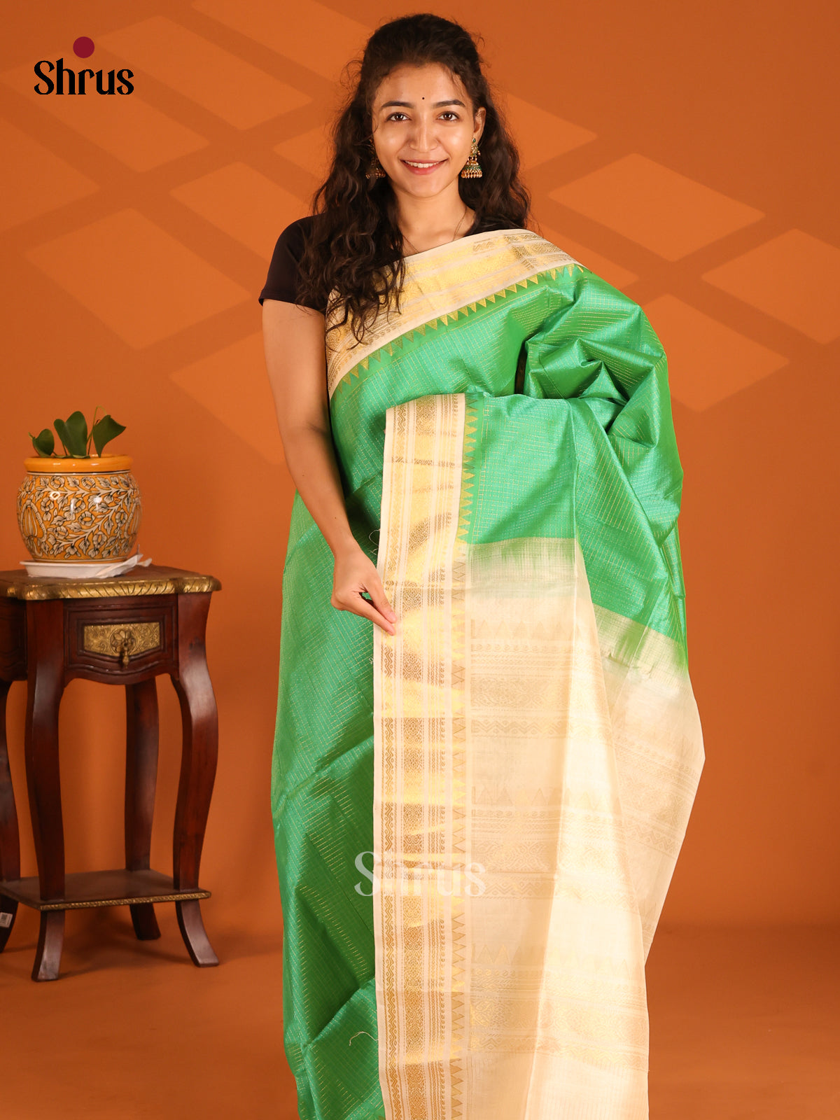 Graceful Pista Green Silk Cotton Saree Featuring Gold Checks & Contrast Cream Border - Shop on Shrus.com