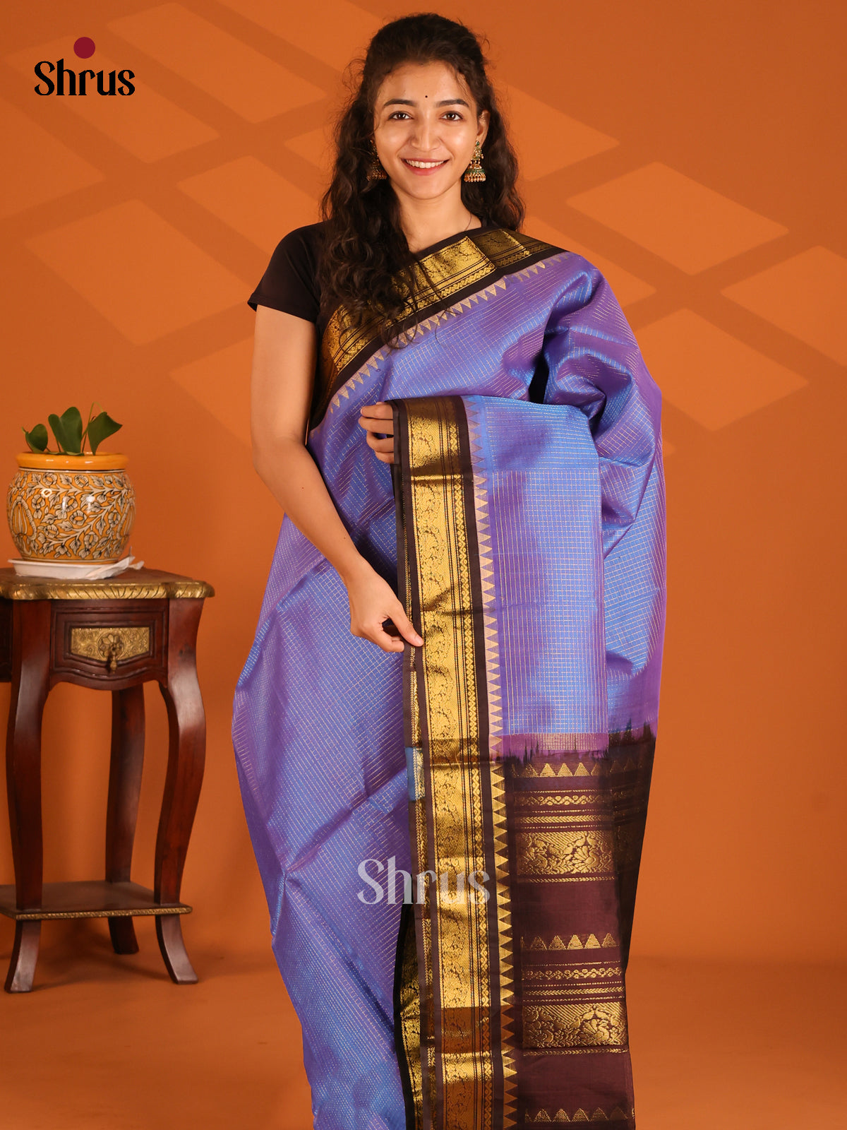 Elegant Blue Checked Silk Cotton Saree with Striking Brown Zari Border - Shop on Shrus.com