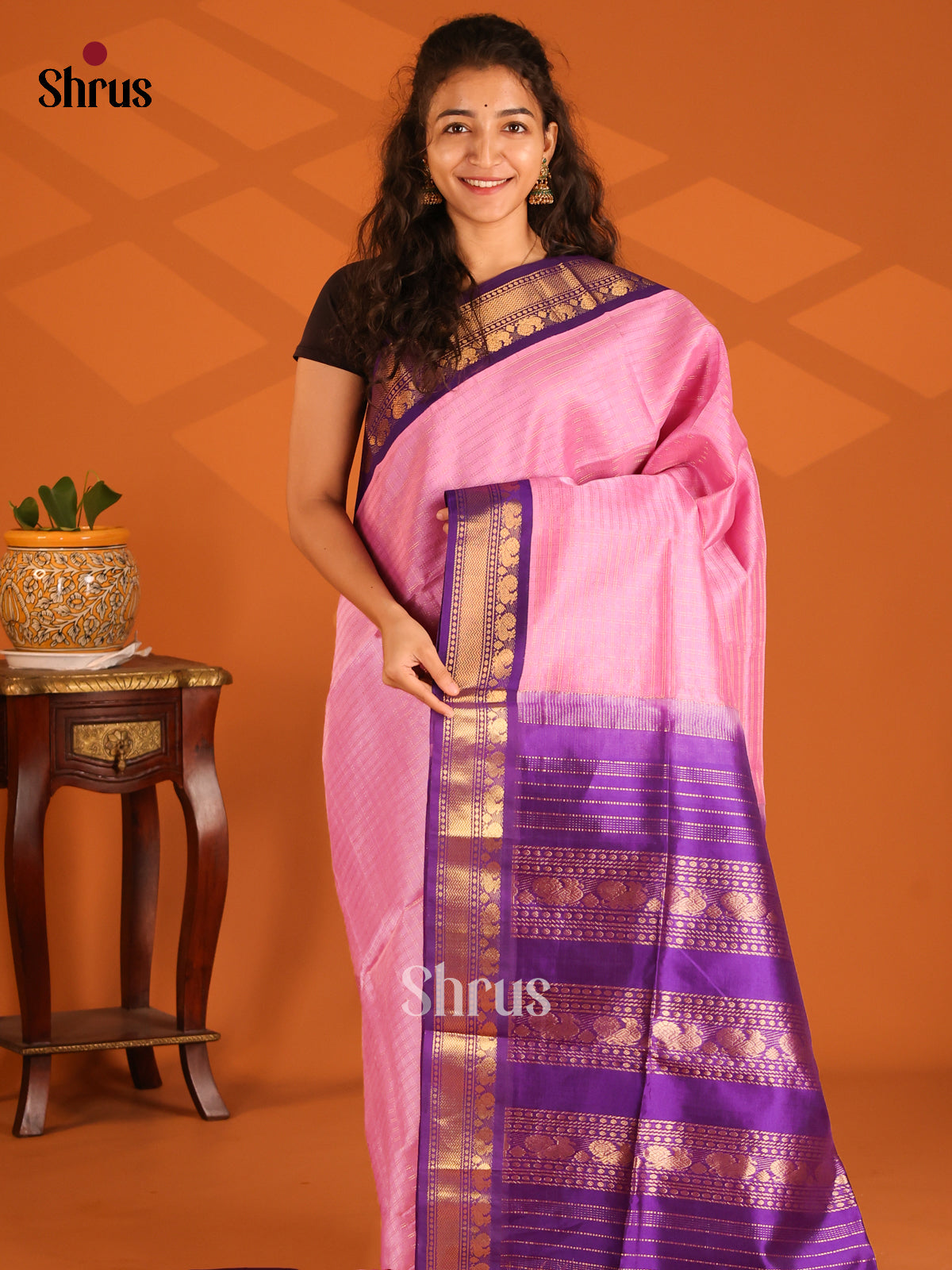 Regal Pink Silk Cotton Saree with zari checks & violet peacock buttas border - Shop on Shrus.com