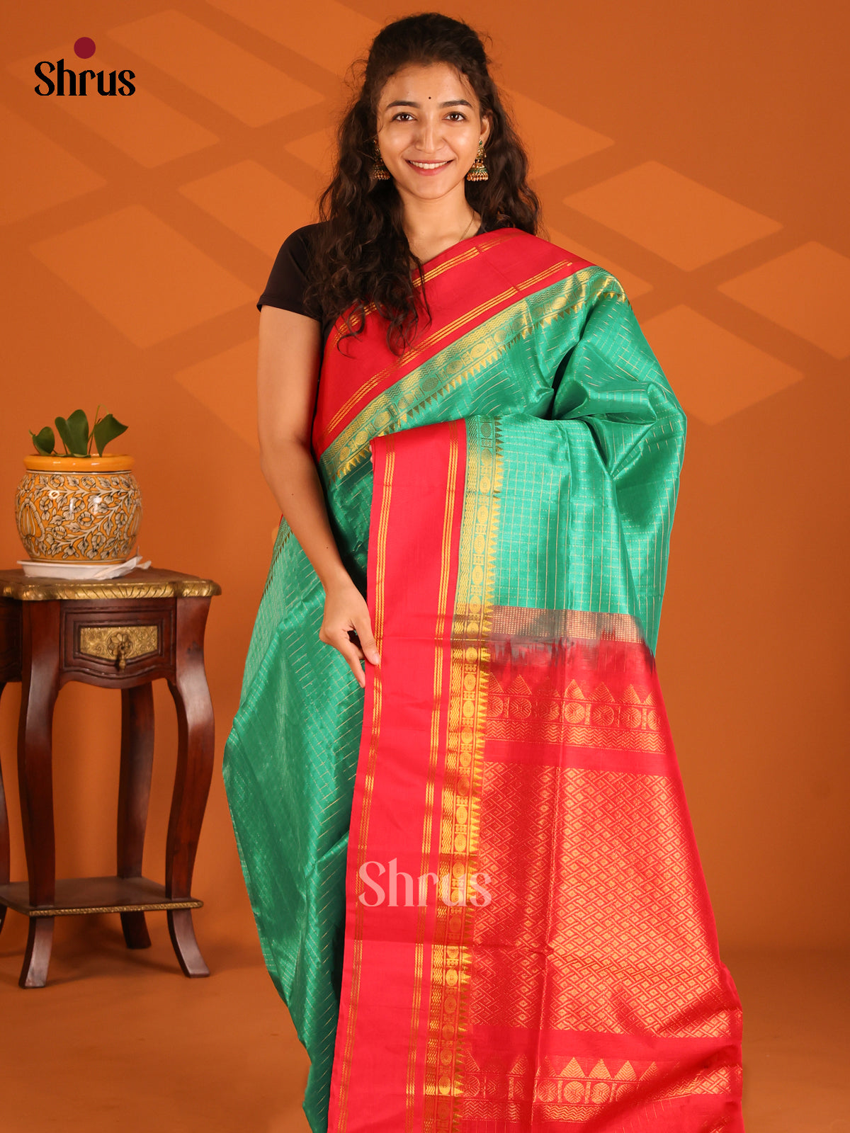 Timeless Green Silk Cotton Saree with gold zari checks , Red Brocade pallu - Shop on Shrus.com