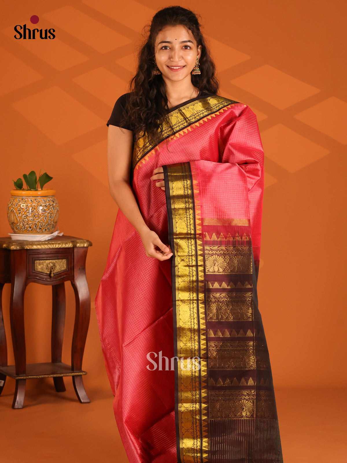Bright Red Silk Cotton Saree with zari podi kattam & contrast Brown Zari Border - Shop on Shrus.com