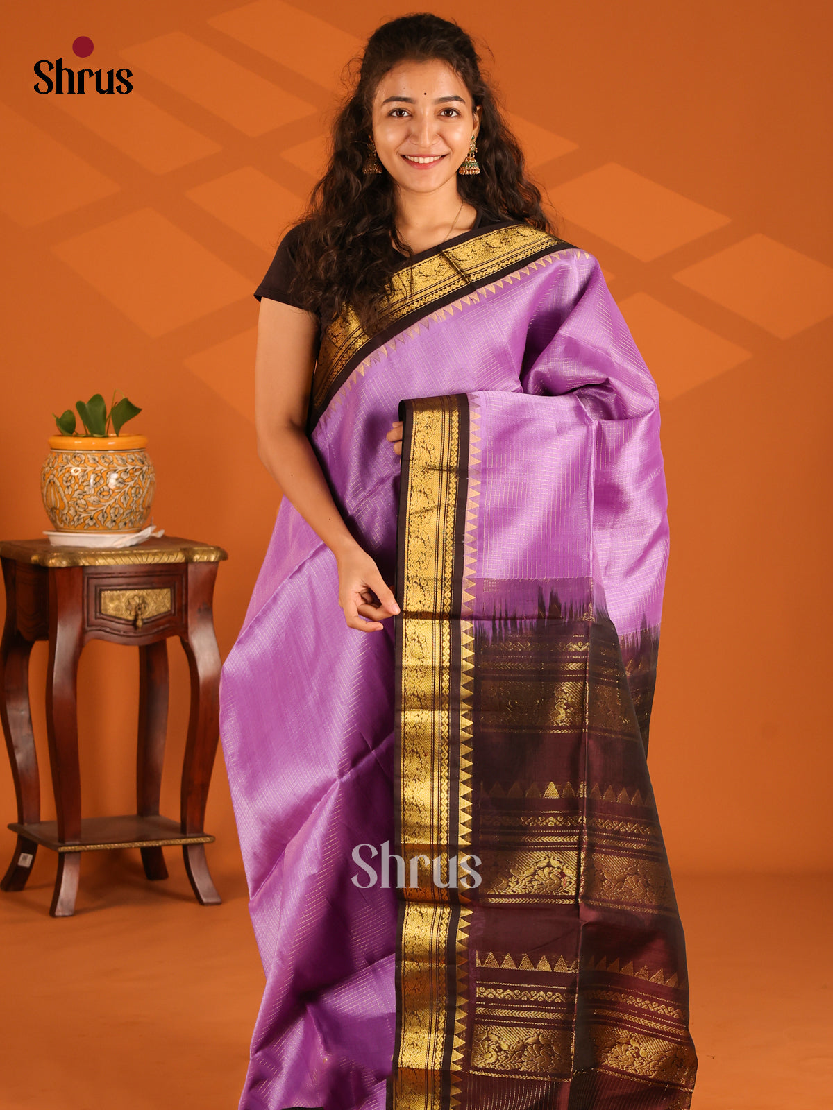 Radiant Lavender Silk Cotton Saree with zari podi kattam & contrast Brown Zari Border - Shop on Shrus.com