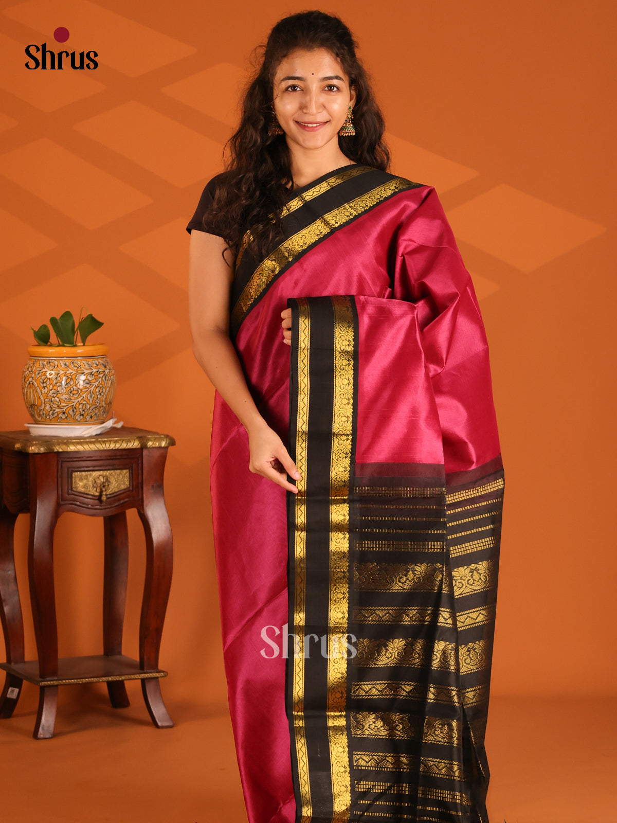 Ethereal Maroon Silk Cotton Saree with contrast Black Rettaipet Zari Border - Shop on Shrus.com