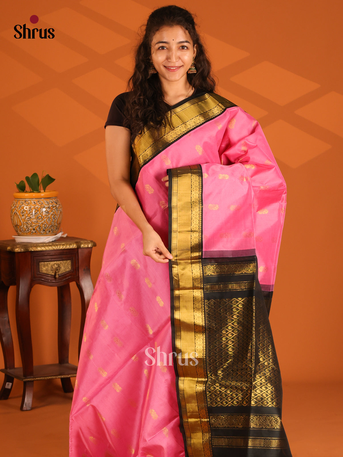 Pink and black Silk Cotton Saree with criss cross checks brocade pallu