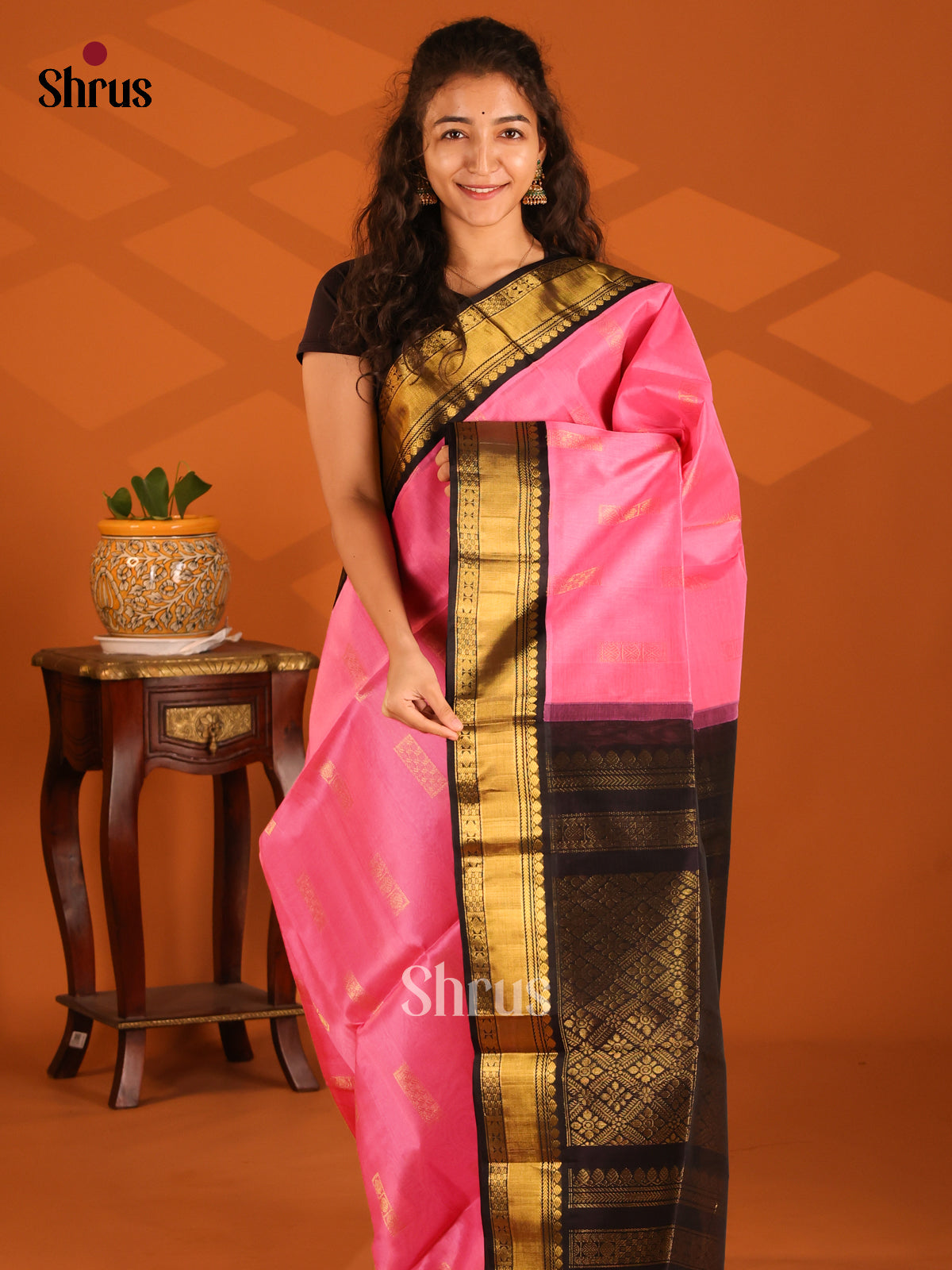 Chic Pink Silk Cotton Saree with Zari Motifs & Grand Black Pallu