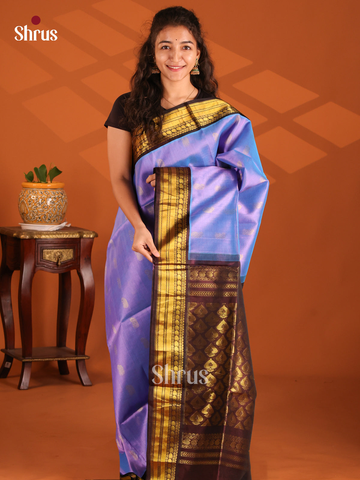 Vibrant Purple Silk Cotton Saree with Gold Zari Border & Maroon Rich Pallu - Shop on Shrus.com