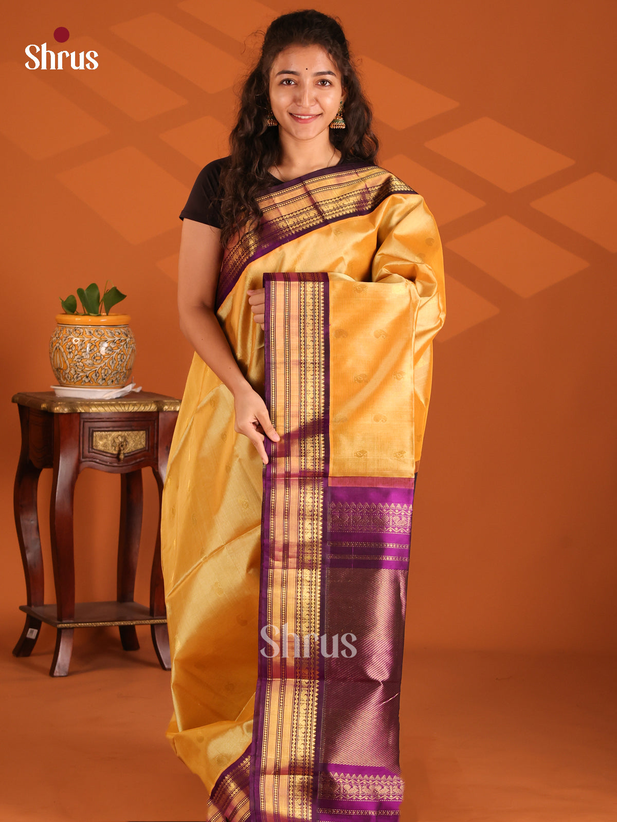 Beautiful Yellow Silk Cotton Saree with Purple Zari Border & Traditional Brocade Pallu - Shop on Shrus.com