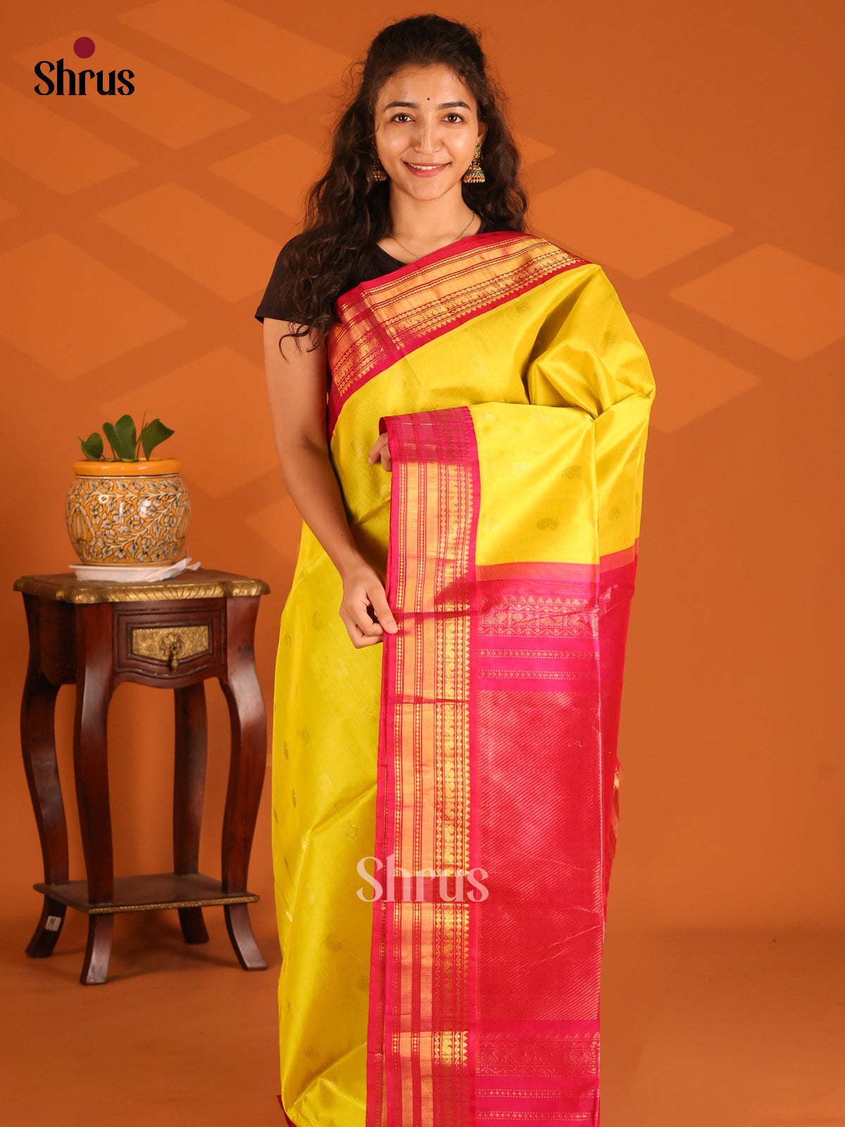 Yellow & Pink Silk Cotton Saree gleams with gold zari manga buttas - Shop on Shrus.com