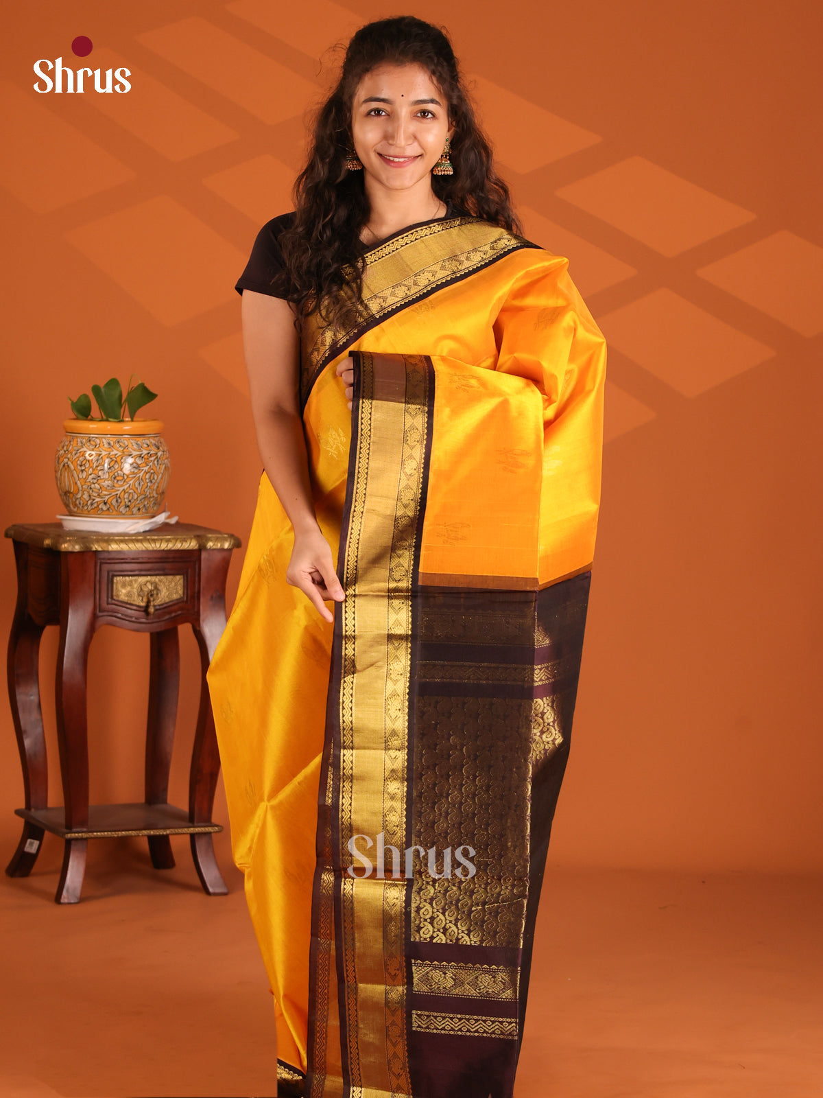 glorious Mambala Yellow Silk Cotton Saree with contrast Brown zari brocade pallu - Shop on Shrus.com