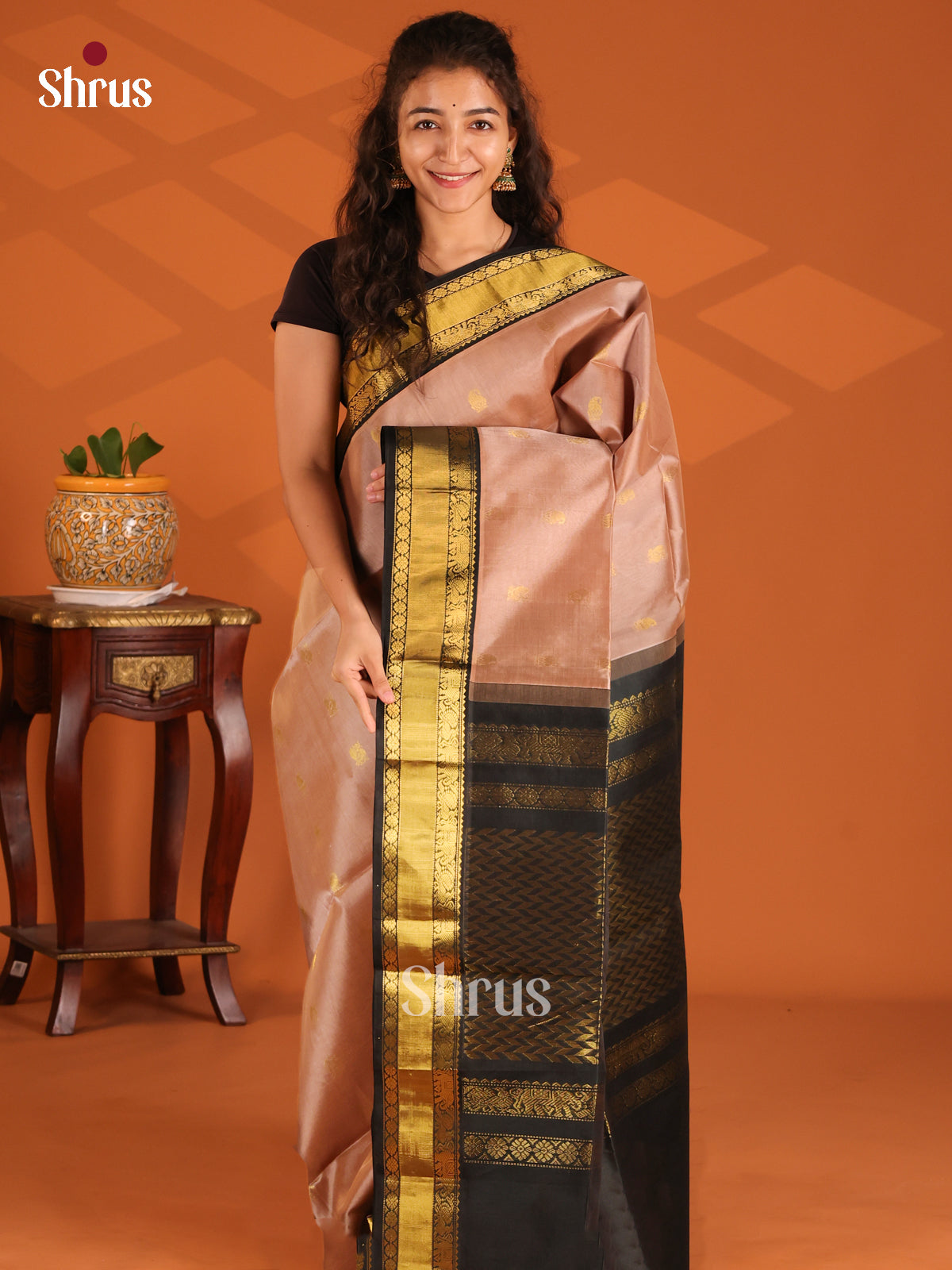 Regal Dusty Brown Silk Cotton Saree with gold zari buttas , black zari wavy striped pallu - Shop on Shrus.com