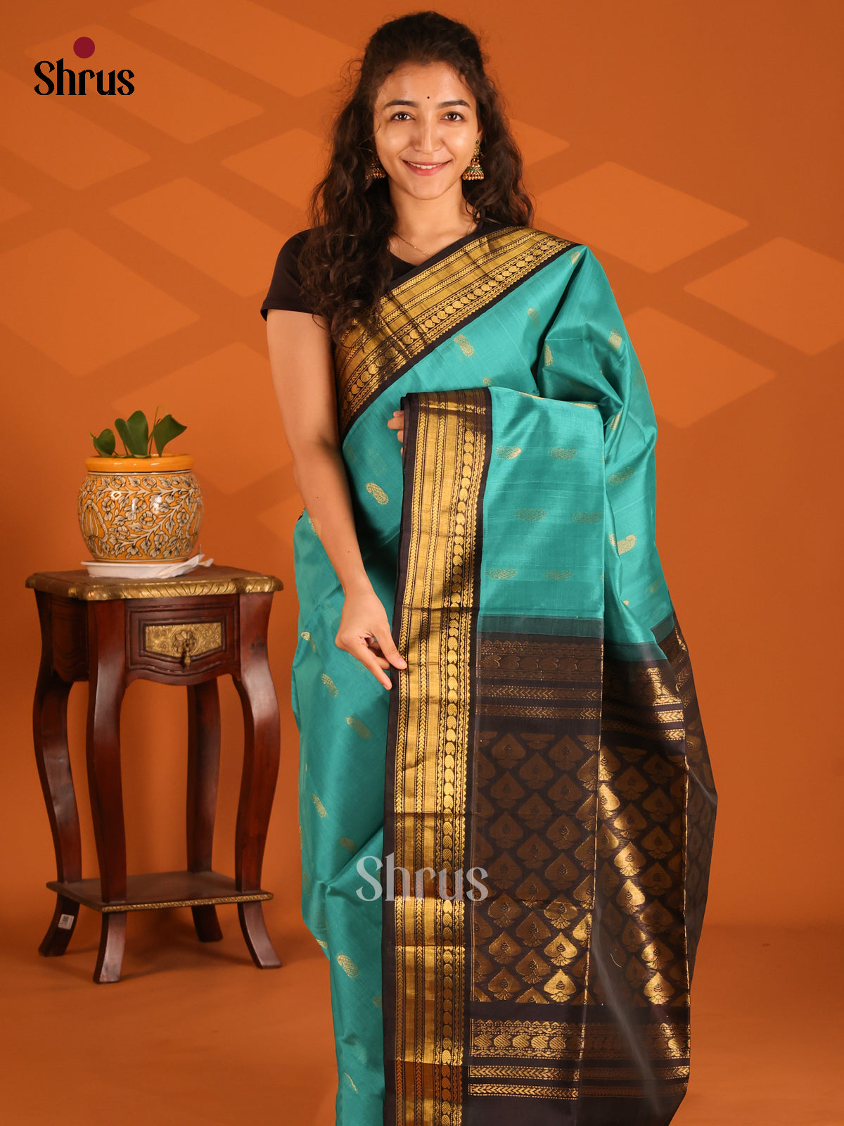Timeless Blue Silk Cotton Saree with gold zari manga buttas & contrast zari brocade pallu