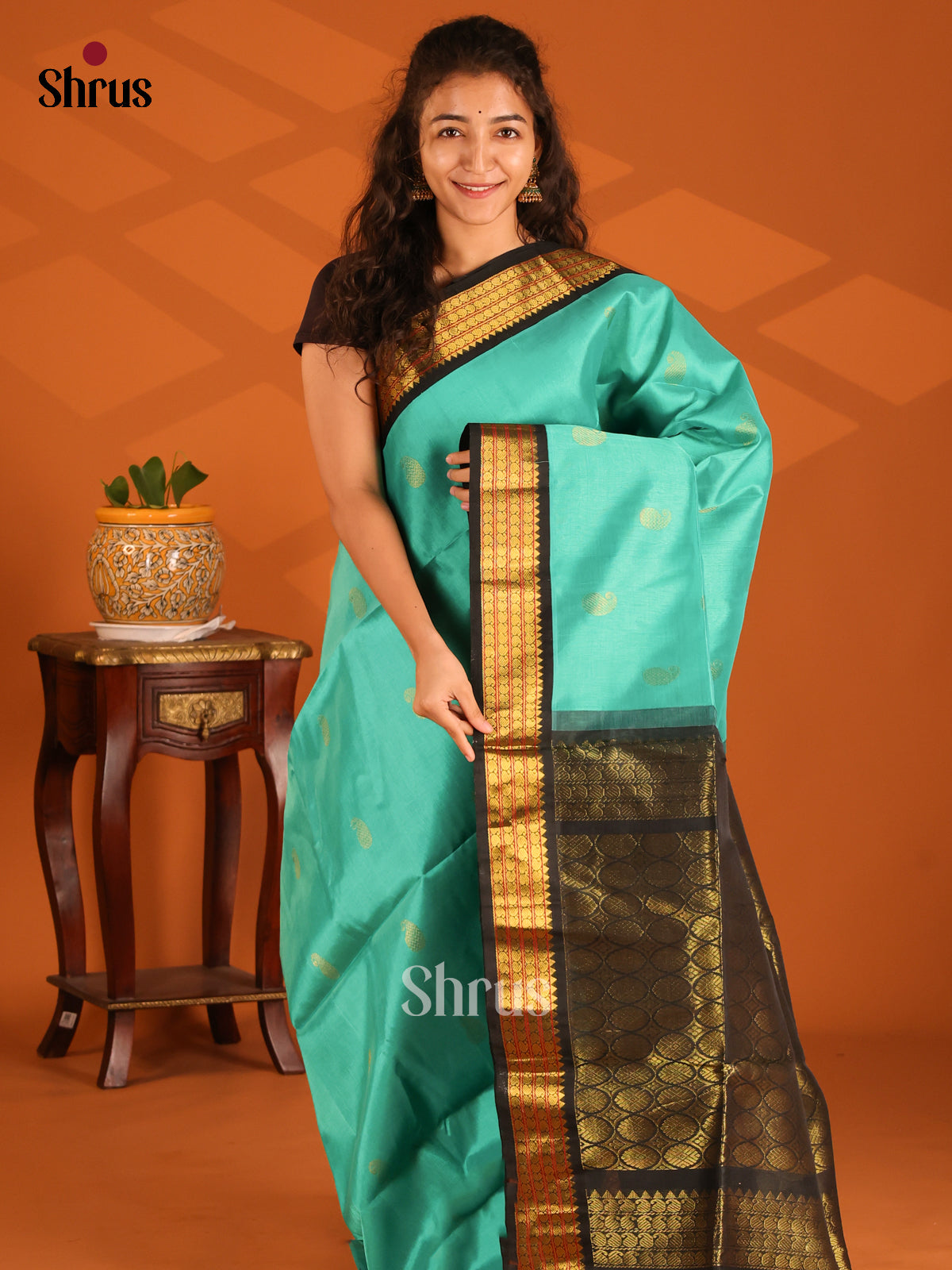 Pretty Sky Blue Silk Cotton Saree with gold zari manga butta , black zari border - Shop on Shrus.com