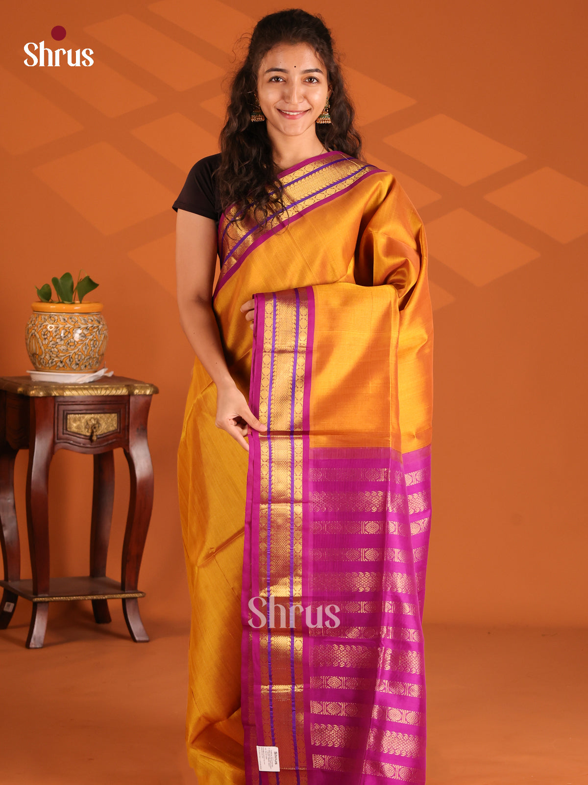 Bright Mustard Silk Cotton Saree with purple zari striped pallu - Shop on Shrus.com