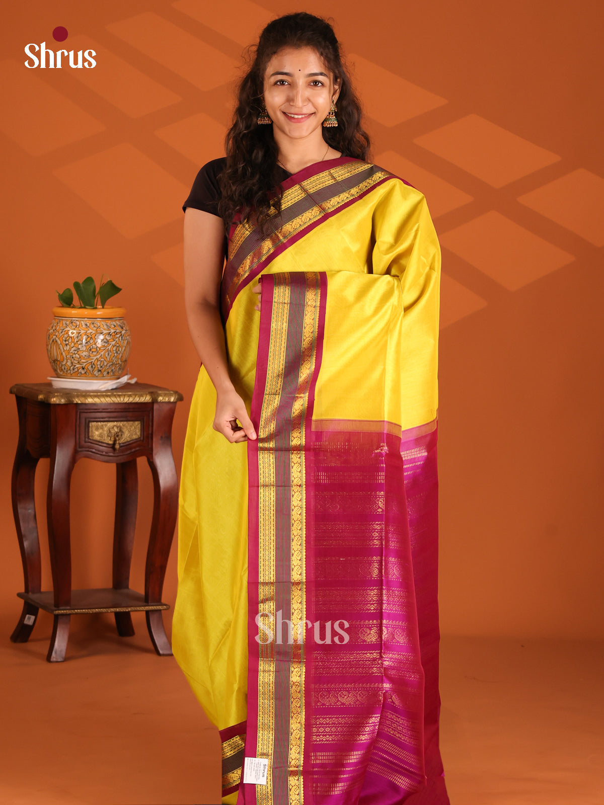 Glorious Yellow Silk Cotton Saree with contrast Purple zari woven Border - Shop on Shrus.com