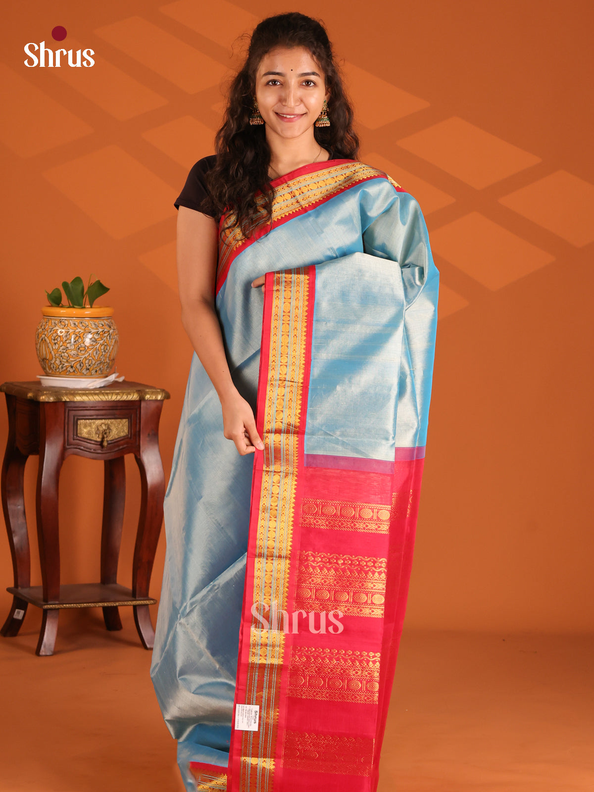Dazzling Blue Silk Cotton Saree with contrast Red zari border - Shop on Shrus.com
